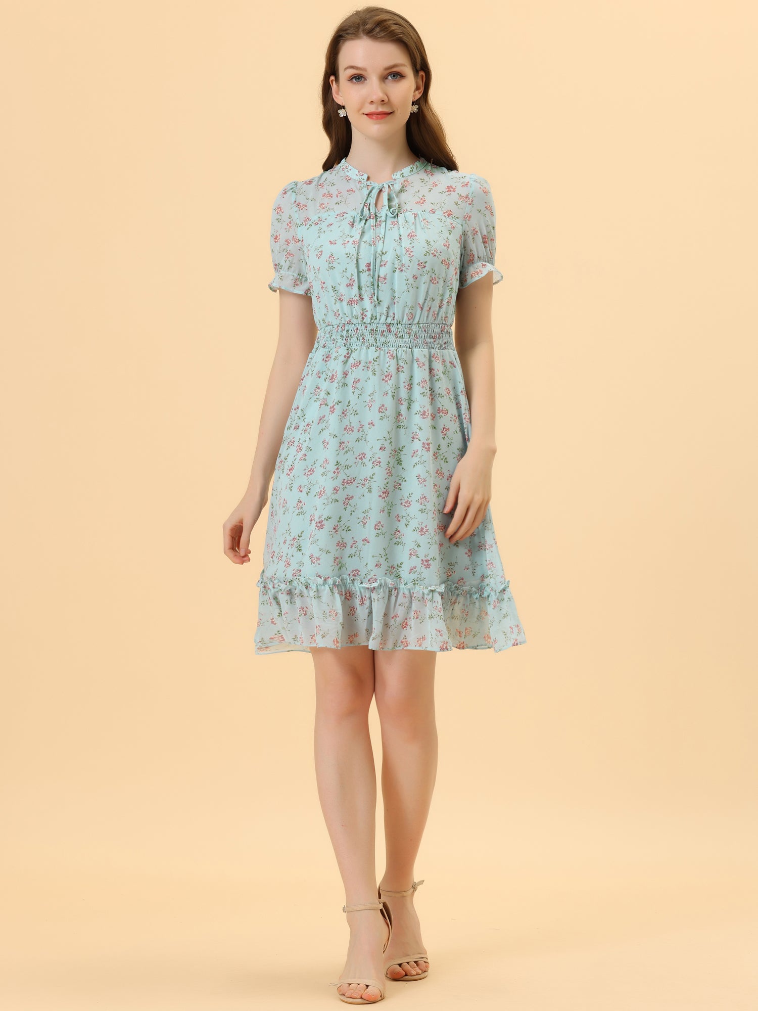 Floral Smocked Tie Neck Puff Sleeve Ruffle Chiffon Tiered Dress