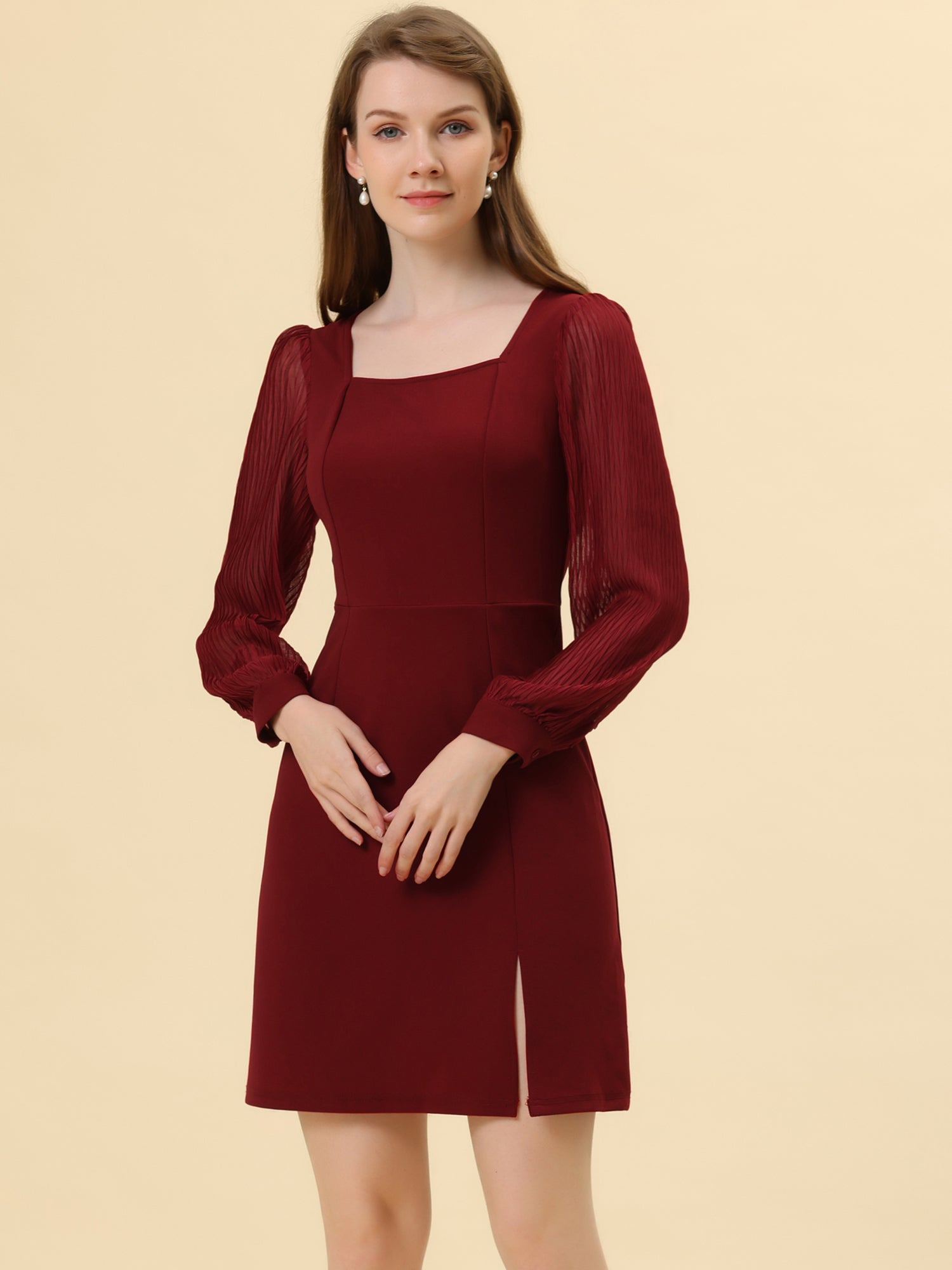 Elegant Mesh Sleeve Split Side A-Line Casual Square Neck Dress