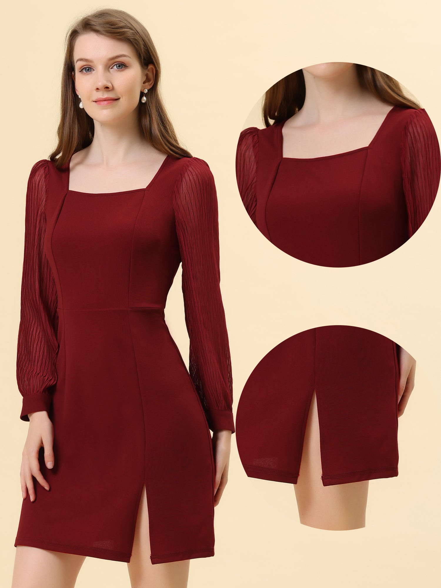Elegant Mesh Sleeve Split Side A-Line Casual Square Neck Dress