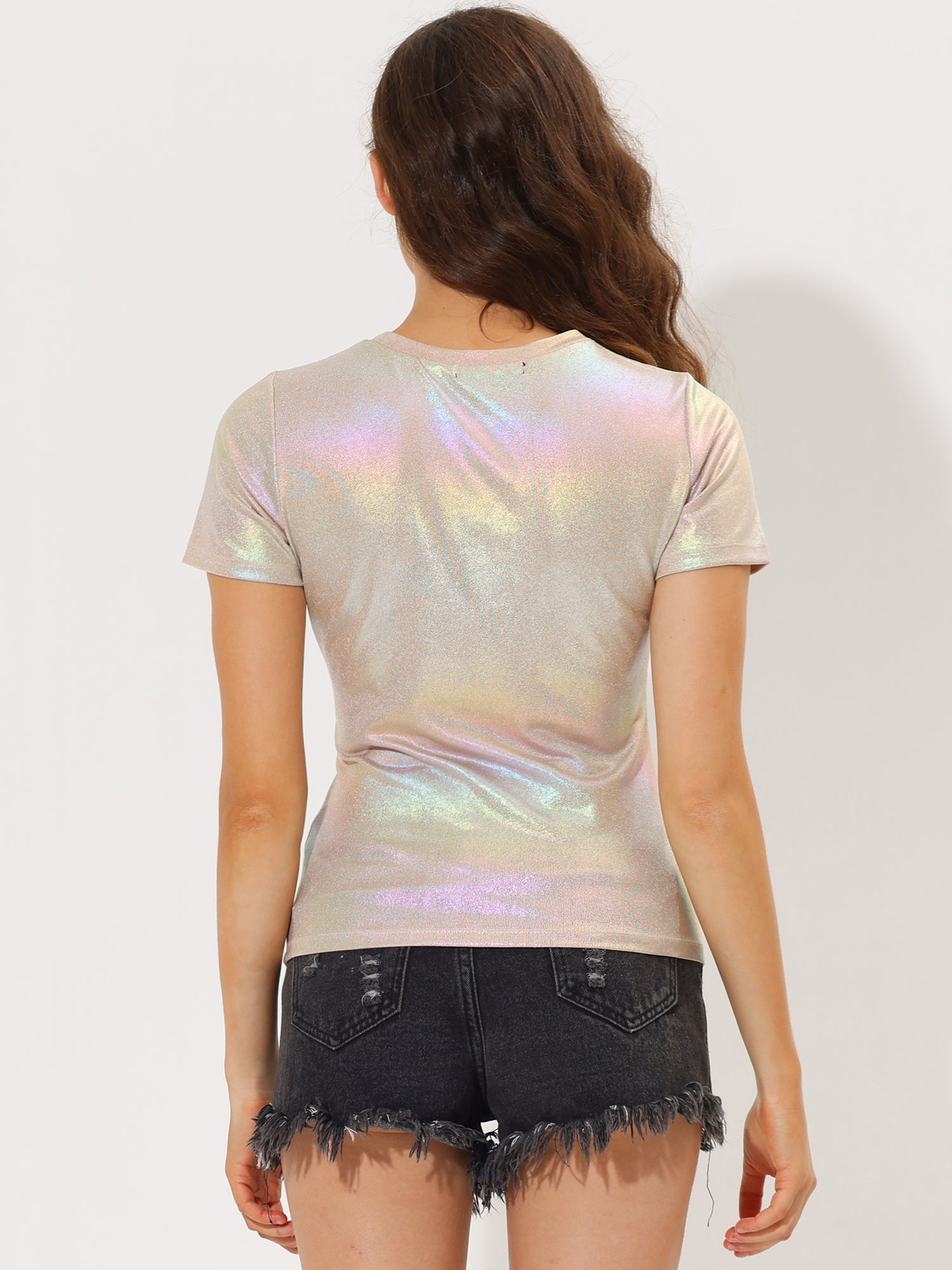 Party Metallic Textured Short Sleeve Shiny Multicolor Top