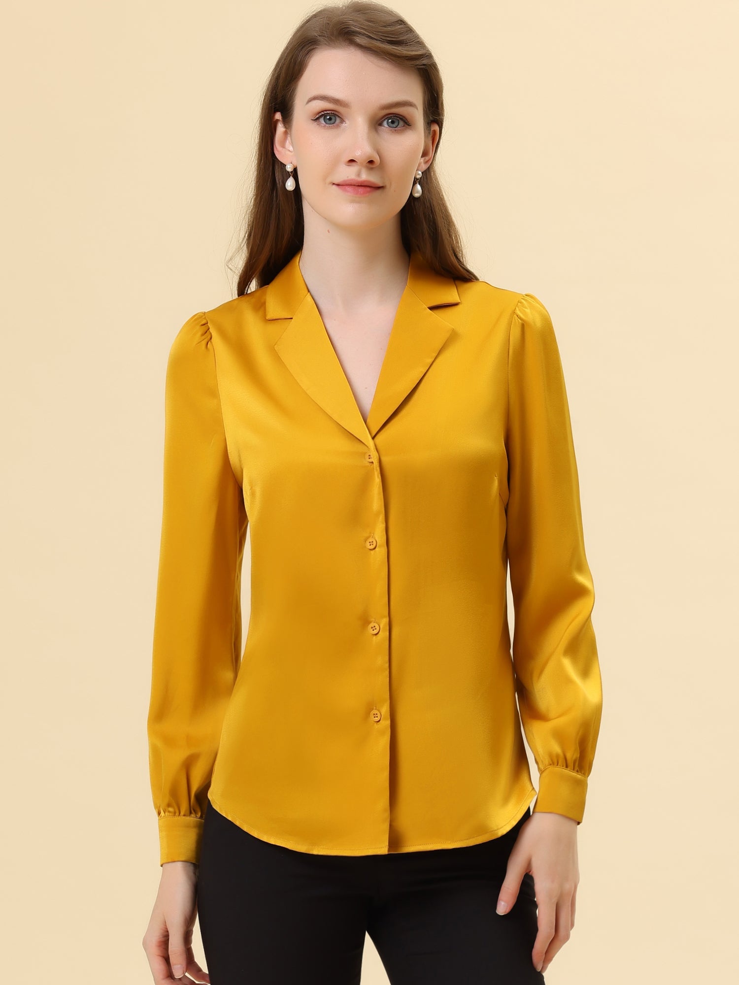 Elegant Collar Blouse Long Sleeve Work Office Satin Button Down Shirt