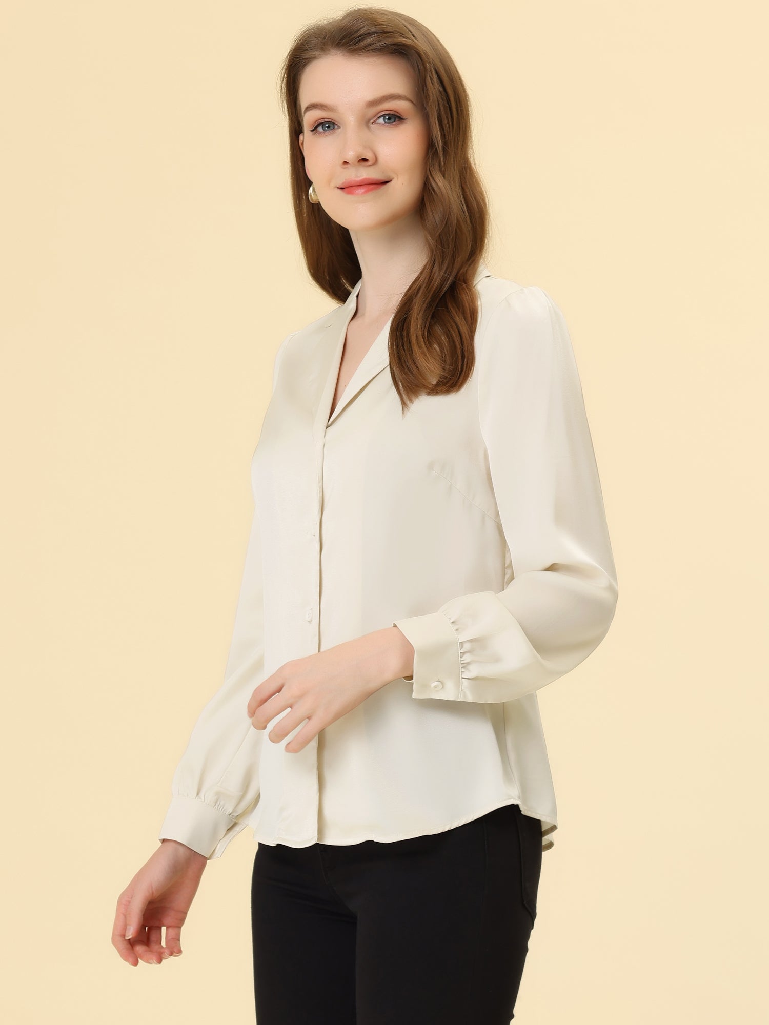 Elegant Collar Blouse Long Sleeve Work Office Satin Button Down Shirt