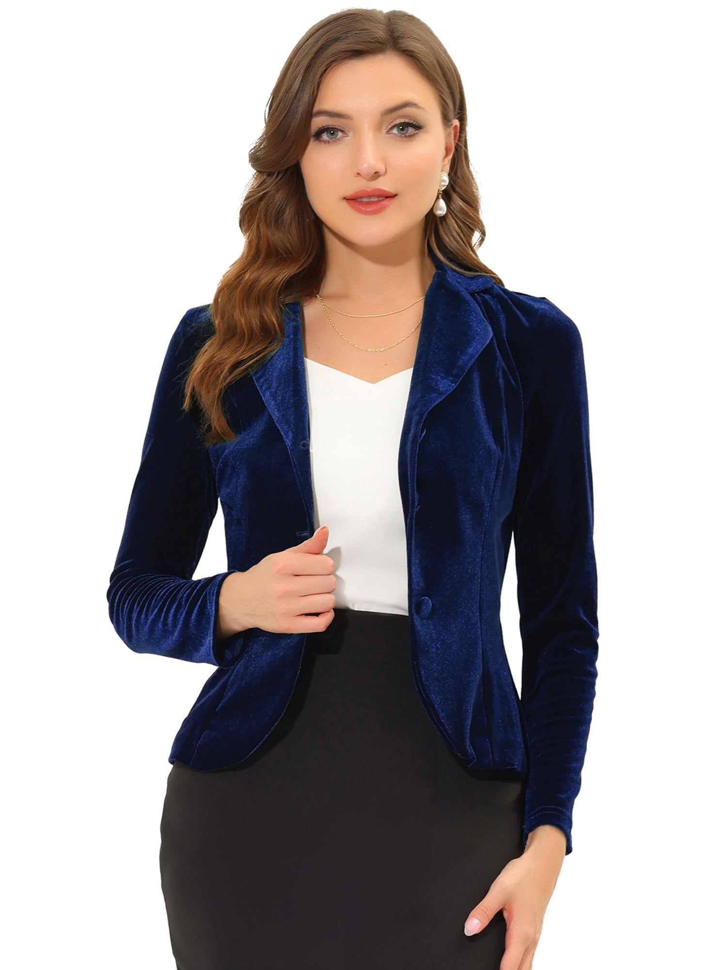 Notched Lapel Long Sleeve Office Business Button Velvet Blazer