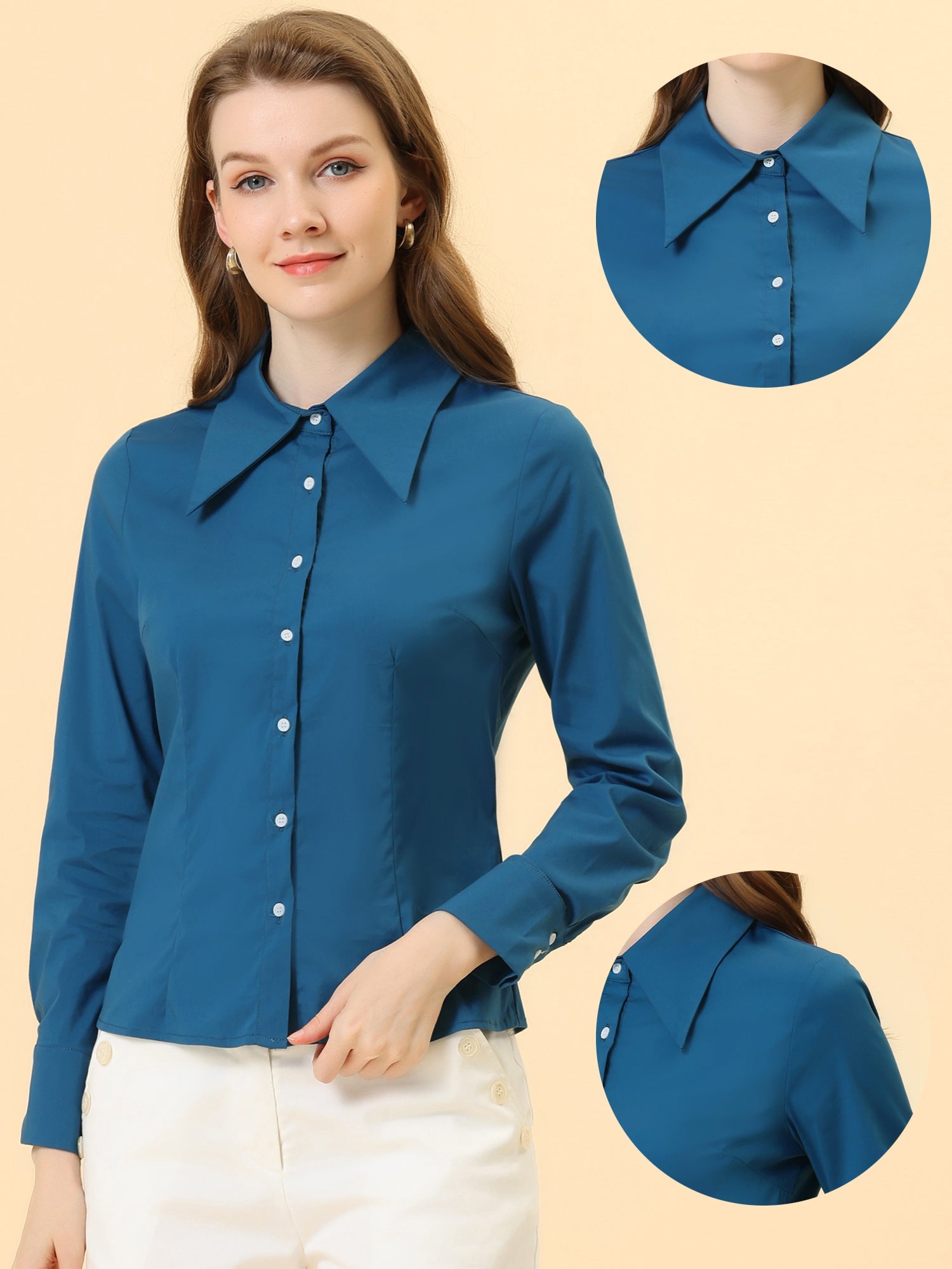 Work Office Button Down Shirt Point Collar Long Sleeve Top