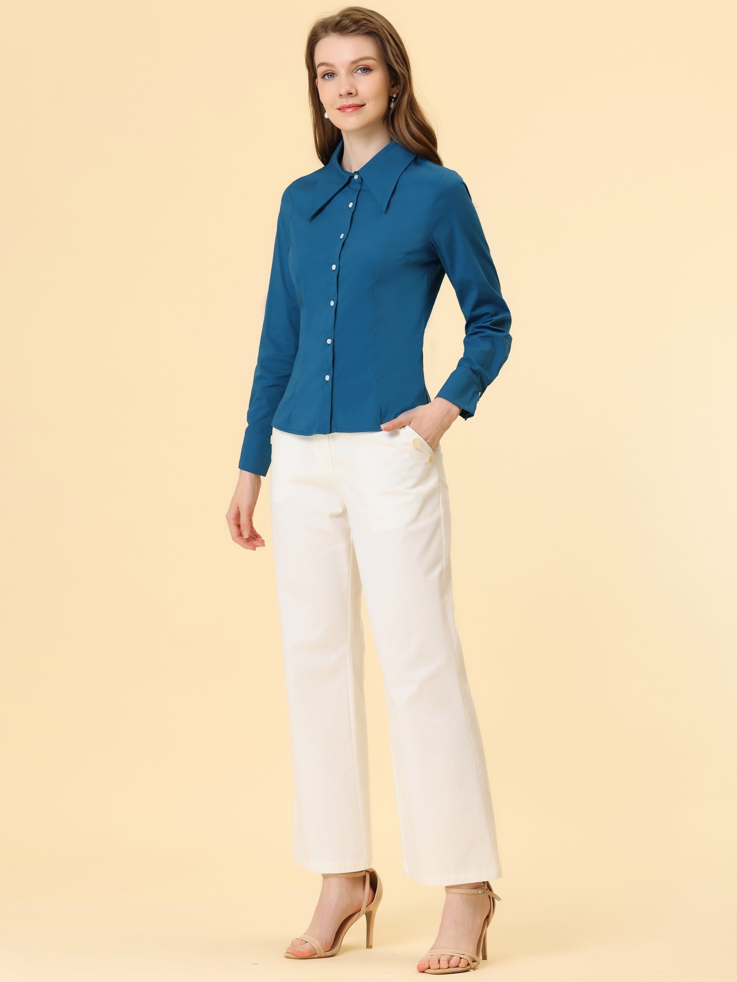 Work Office Button Down Shirt Point Collar Long Sleeve Top