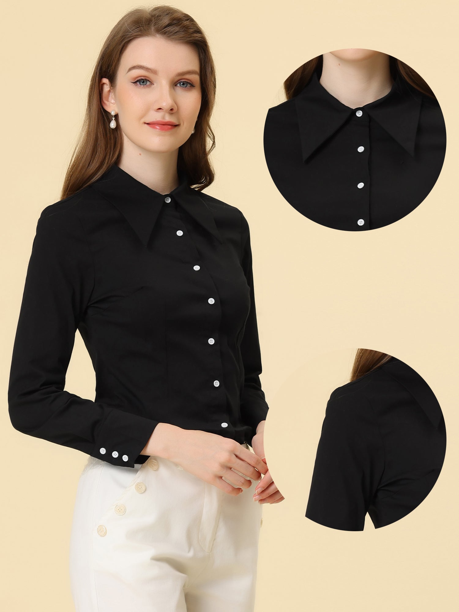 Work Office Button Down Shirt Point Collar Long Sleeve Top