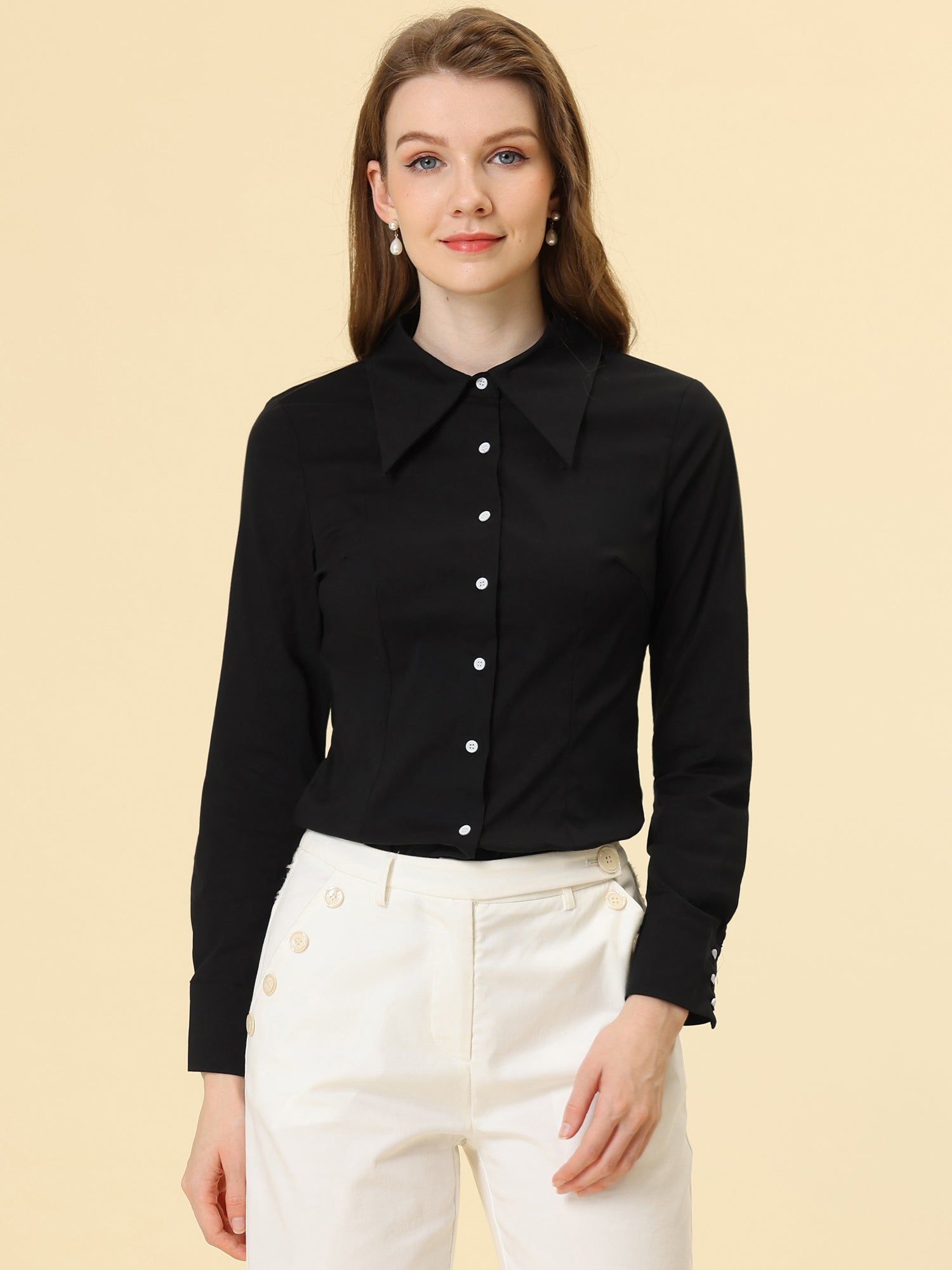 Work Office Button Down Shirt Point Collar Long Sleeve Top