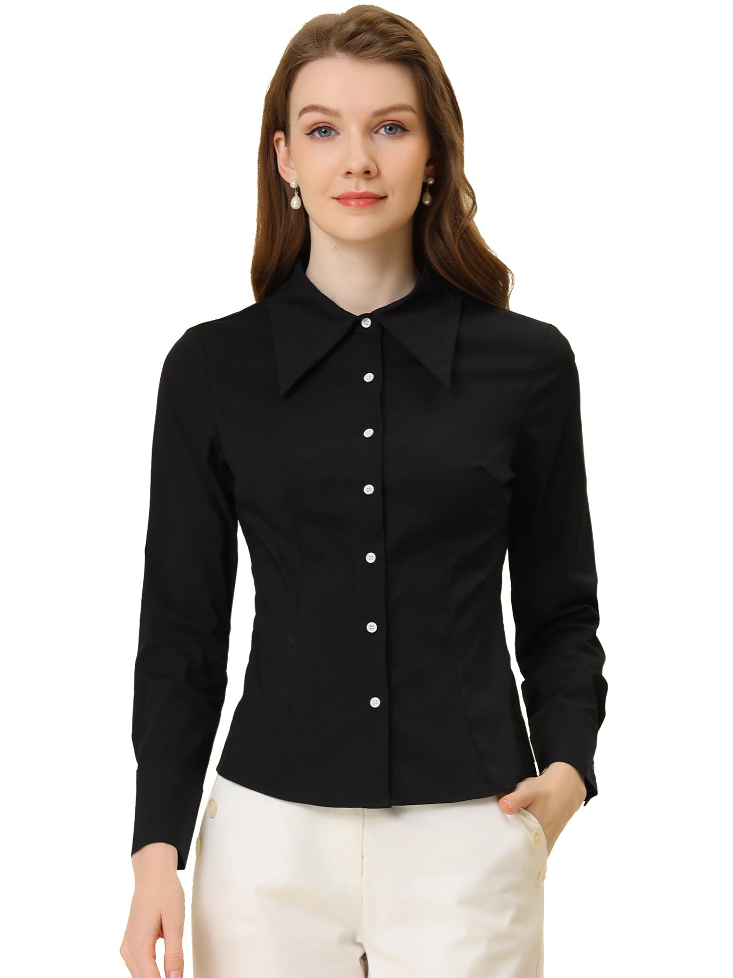 Work Office Button Down Shirt Point Collar Long Sleeve Top