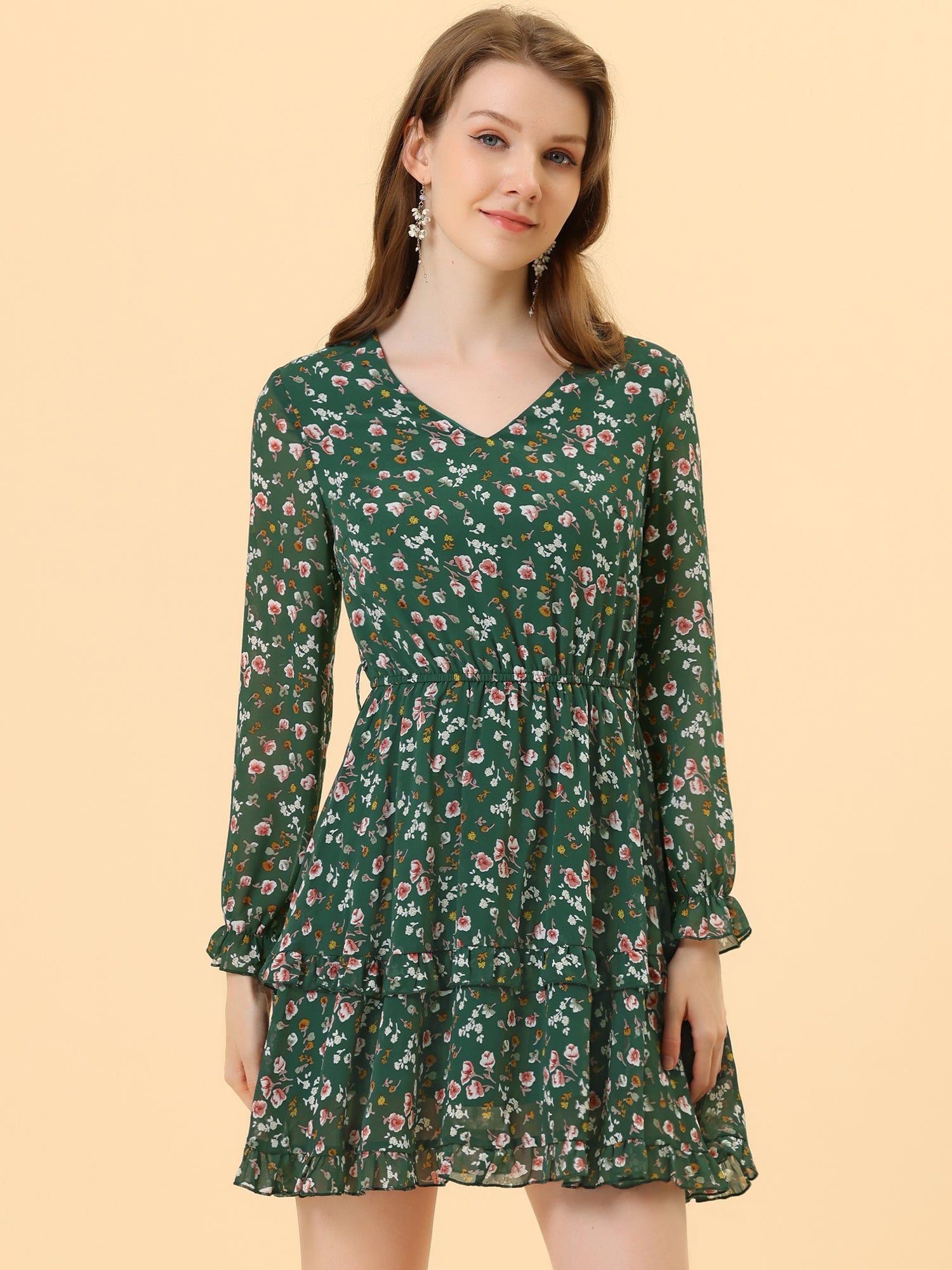 Long Sleeve V Neck Elastic Waist Ruffle Hem Chiffon Floral Dress