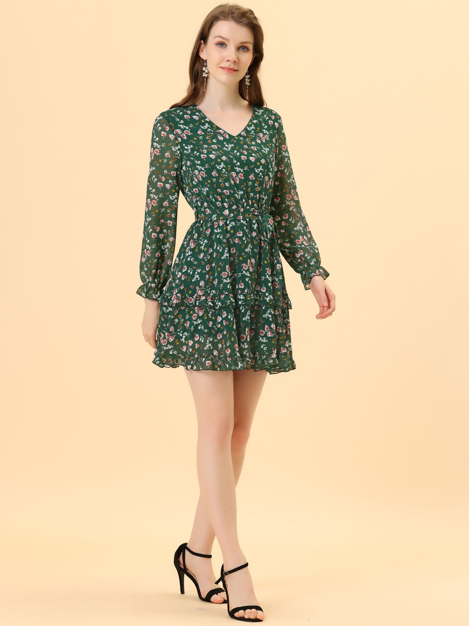 Long Sleeve V Neck Elastic Waist Ruffle Hem Chiffon Floral Dress