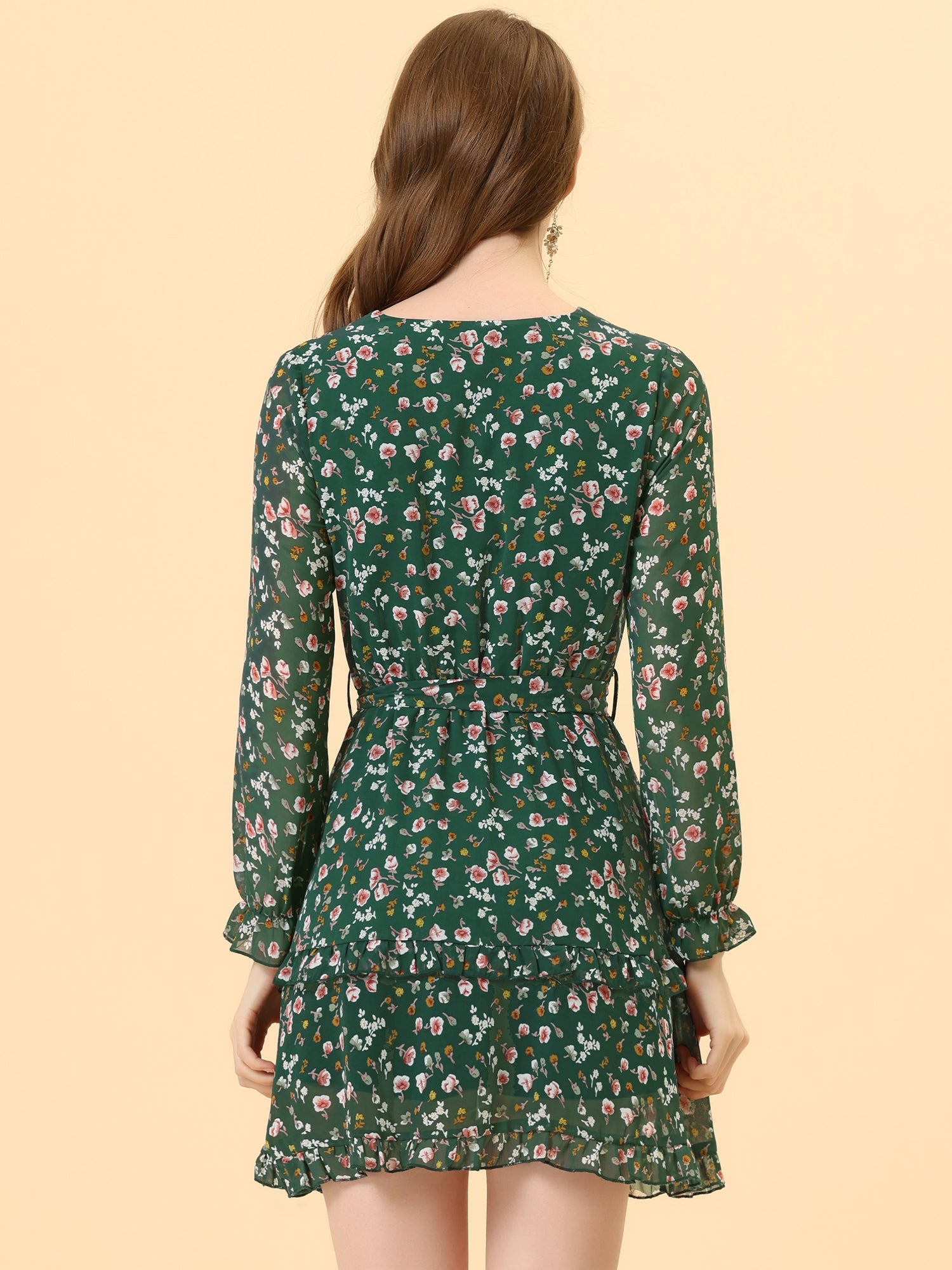 Long Sleeve V Neck Elastic Waist Ruffle Hem Chiffon Floral Dress