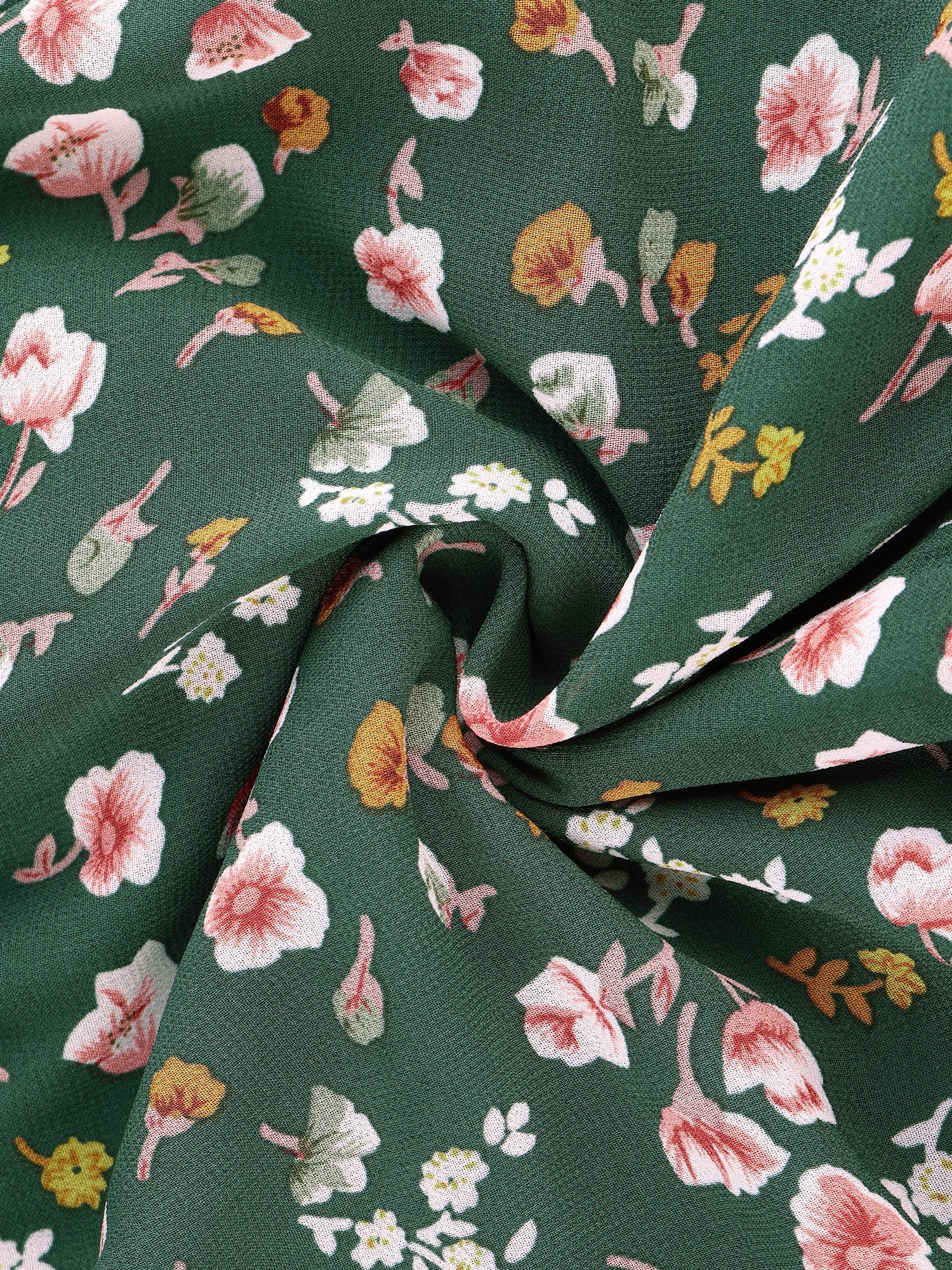 Long Sleeve V Neck Elastic Waist Ruffle Hem Chiffon Floral Dress