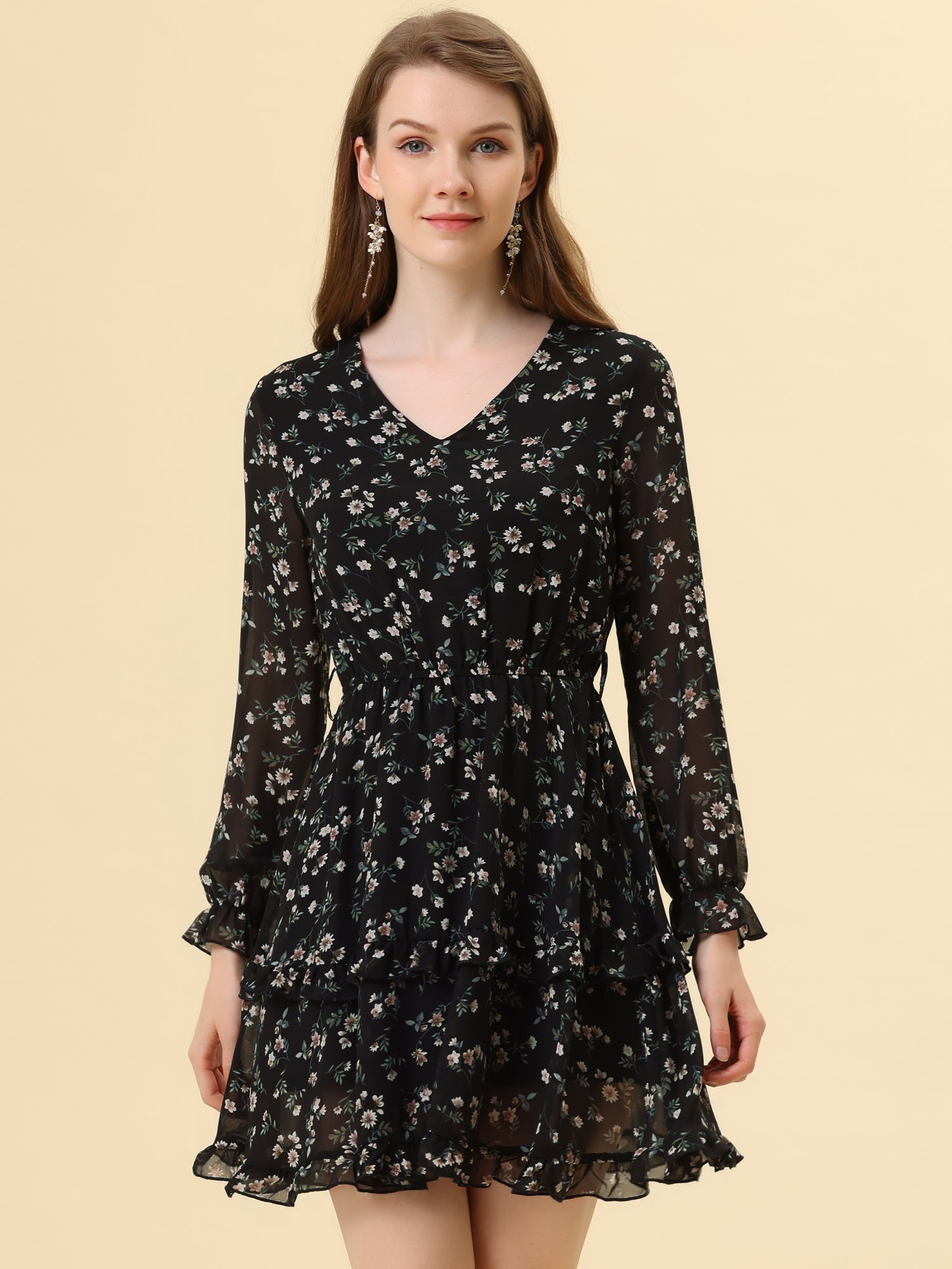 Long Sleeve V Neck Elastic Waist Ruffle Hem Chiffon Floral Dress