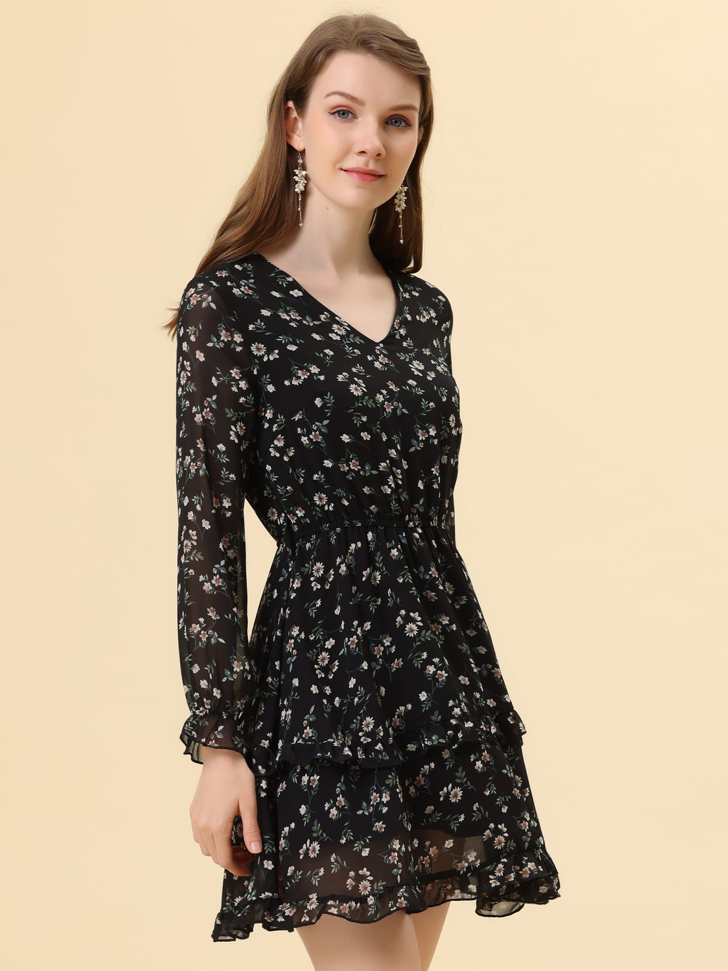 Long Sleeve V Neck Elastic Waist Ruffle Hem Chiffon Floral Dress
