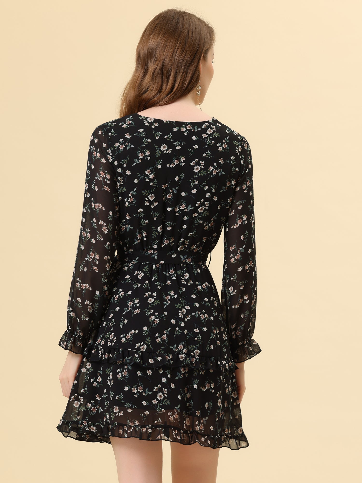 Long Sleeve V Neck Elastic Waist Ruffle Hem Chiffon Floral Dress