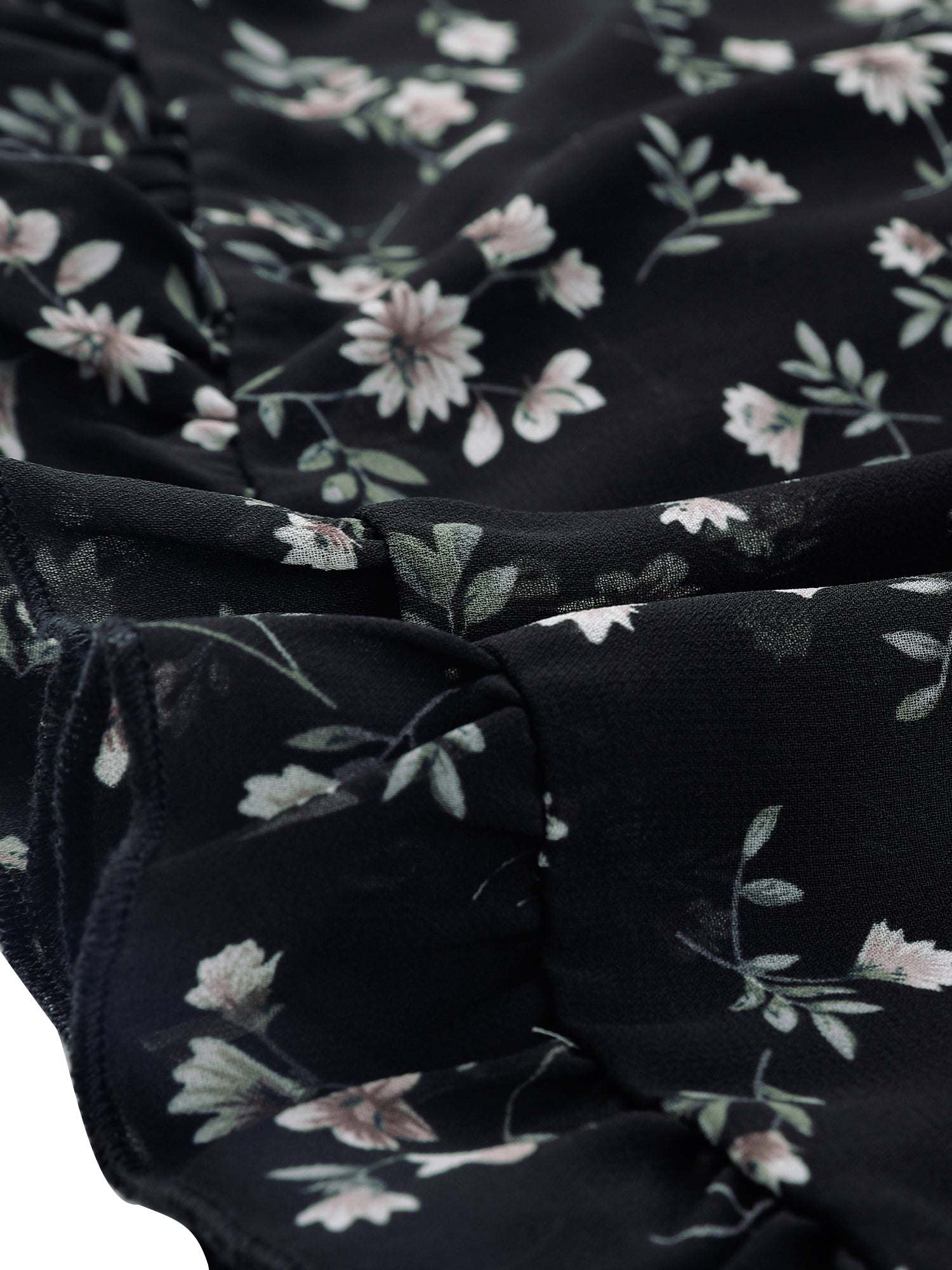 Long Sleeve V Neck Elastic Waist Ruffle Hem Chiffon Floral Dress