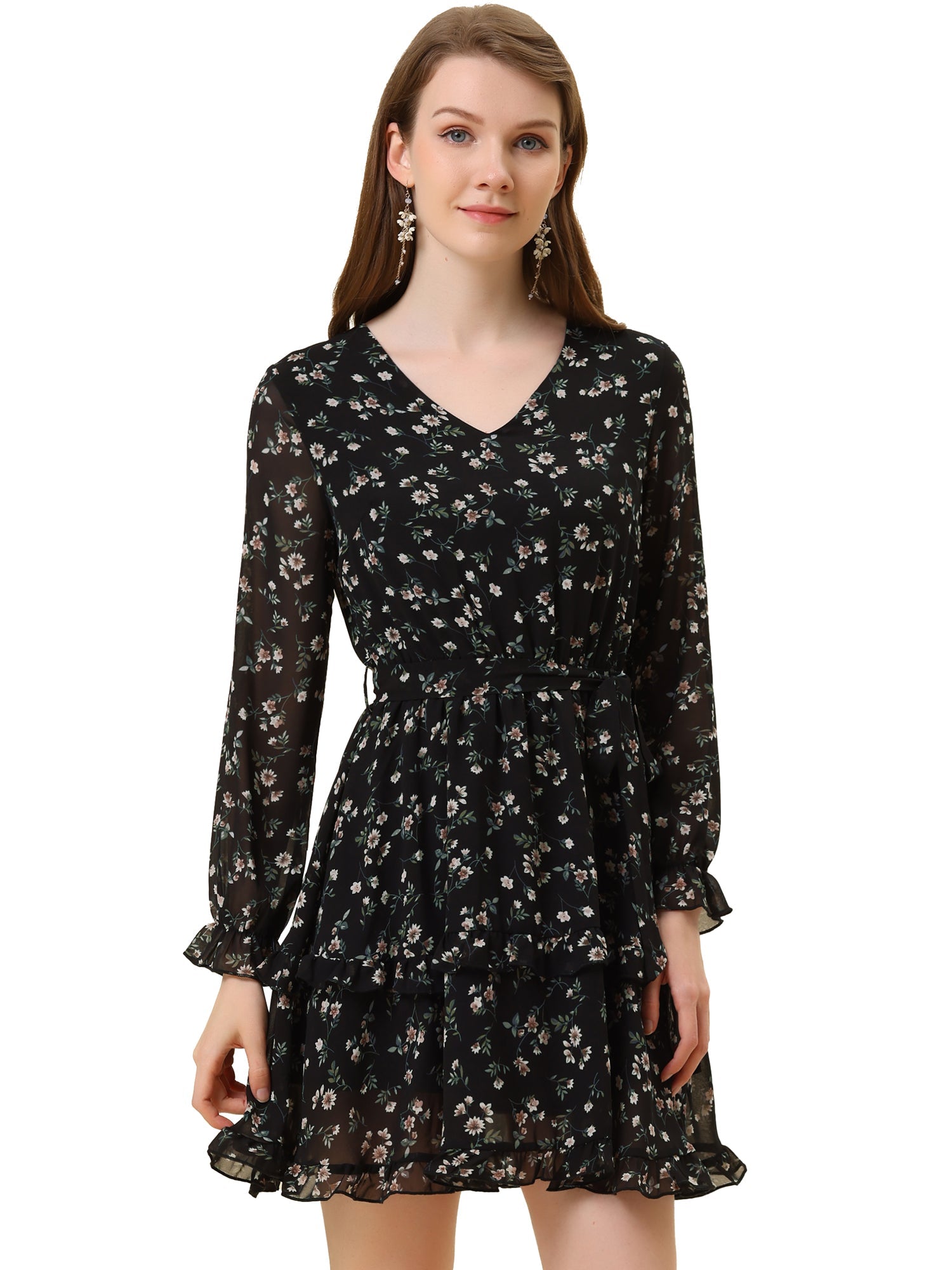 Long Sleeve V Neck Elastic Waist Ruffle Hem Chiffon Floral Dress
