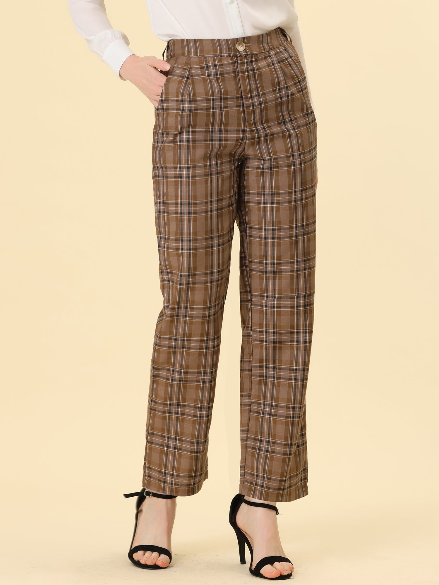 Plaid Elastic Waist Casual Work Office Long Pants