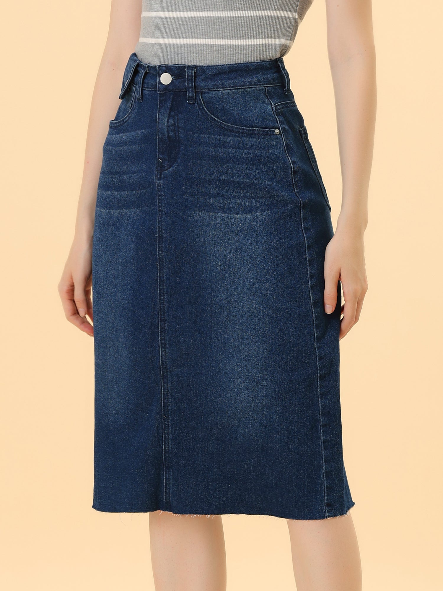 Casual High Waist Back Slit Stretch Denim Midi Skirt