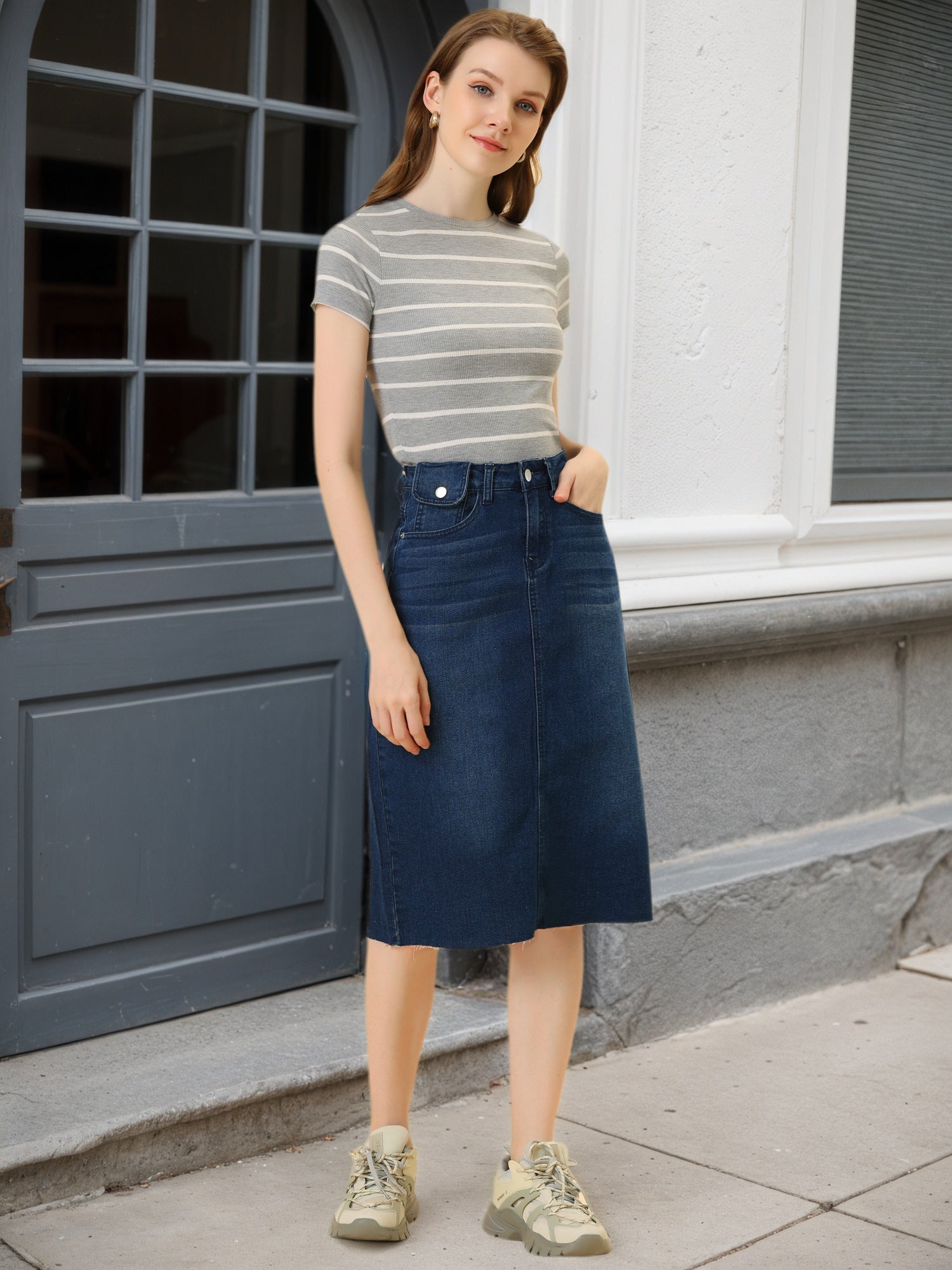 Casual High Waist Back Slit Stretch Denim Midi Skirt
