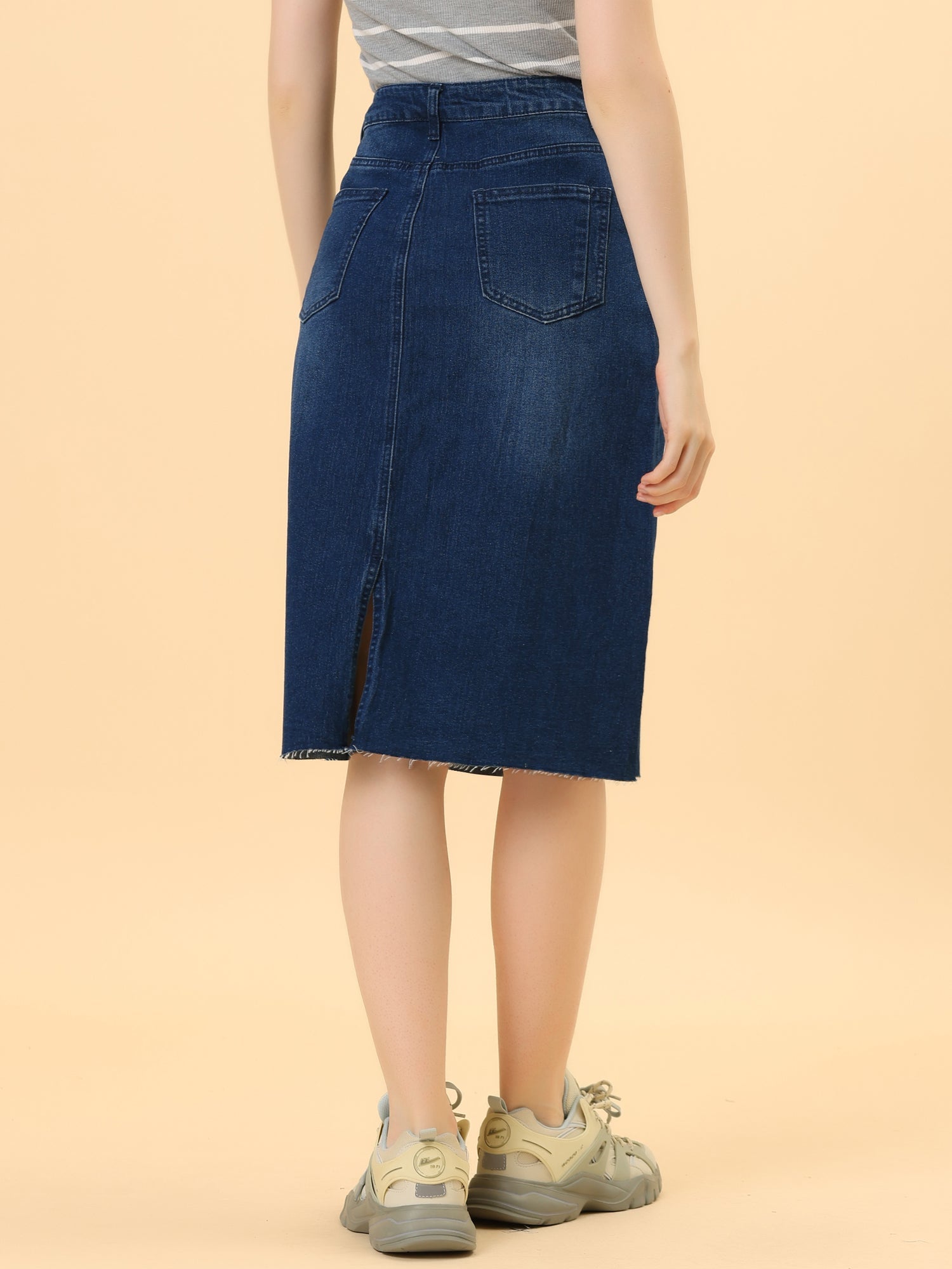Casual High Waist Back Slit Stretch Denim Midi Skirt