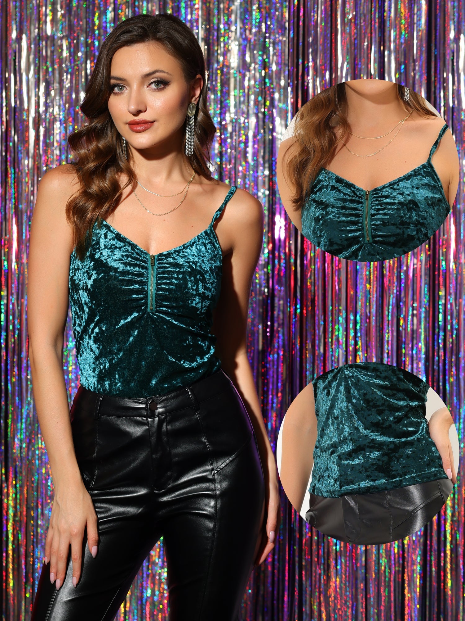 Velvet Camisole Zip Up Spaghetti Strap Sleeveless Cami Tank Tops