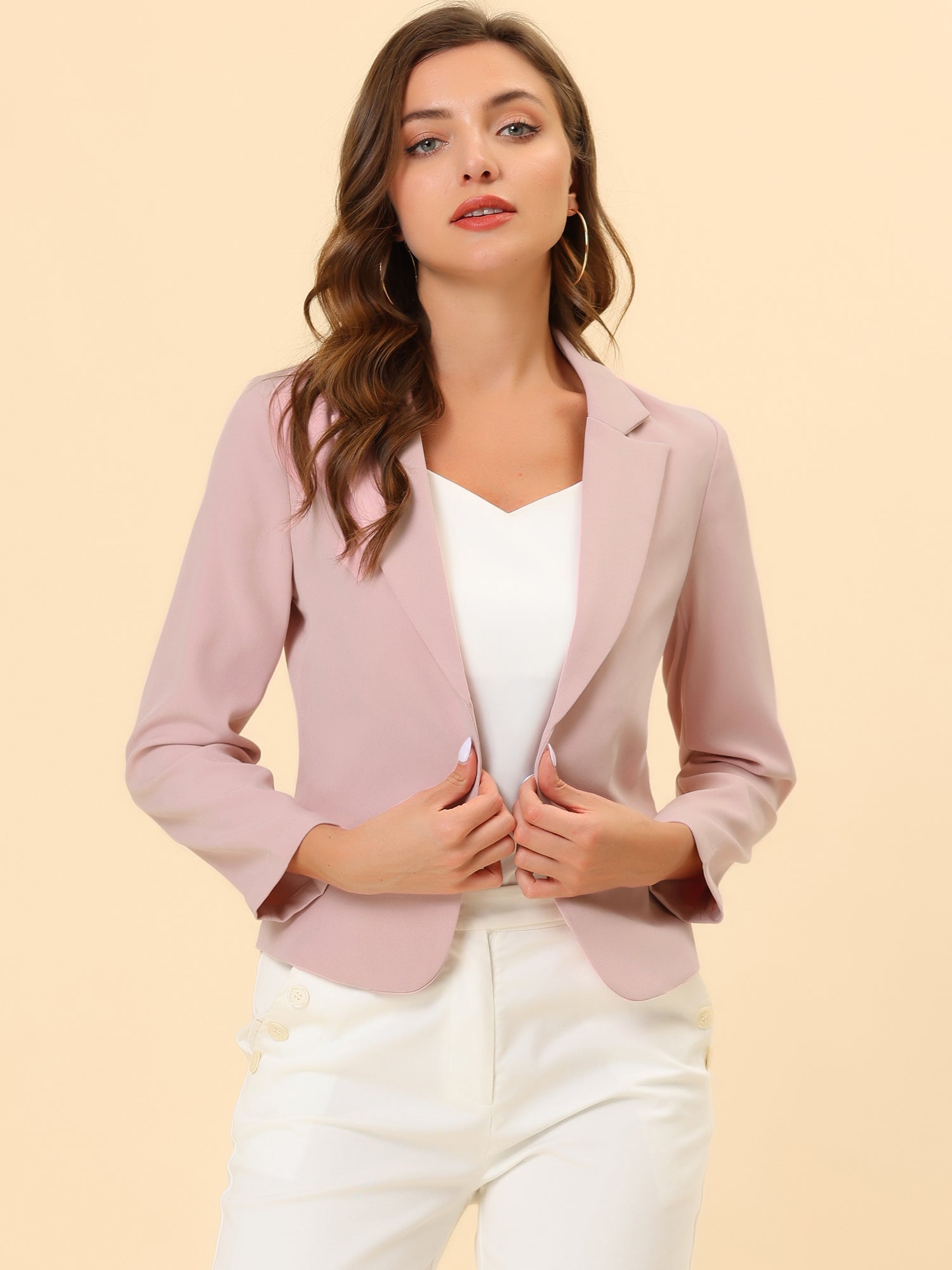 Notched Lapel Long Sleeves Solid Color Open Front Cropped Blazer