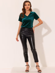 Velvet T-Shirt V Neck Short Sleeve Tee Tops