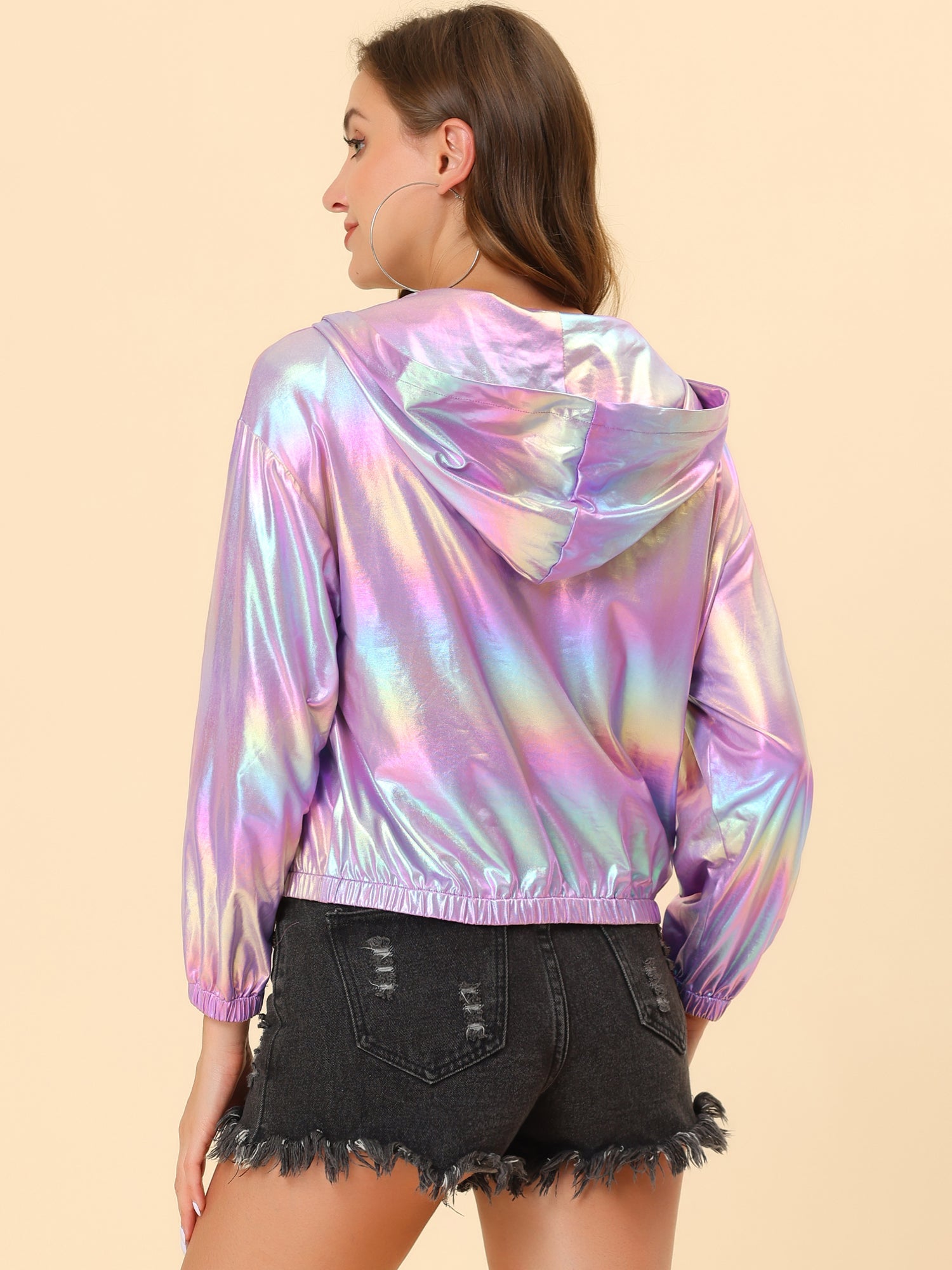 Holographic Party Shiny Lightweight Zipper Hooded Metallic Jacket