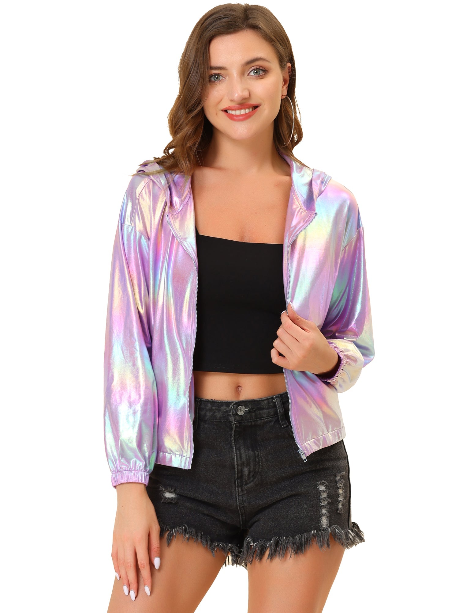 Holographic Party Shiny Lightweight Zipper Hooded Metallic Jacket