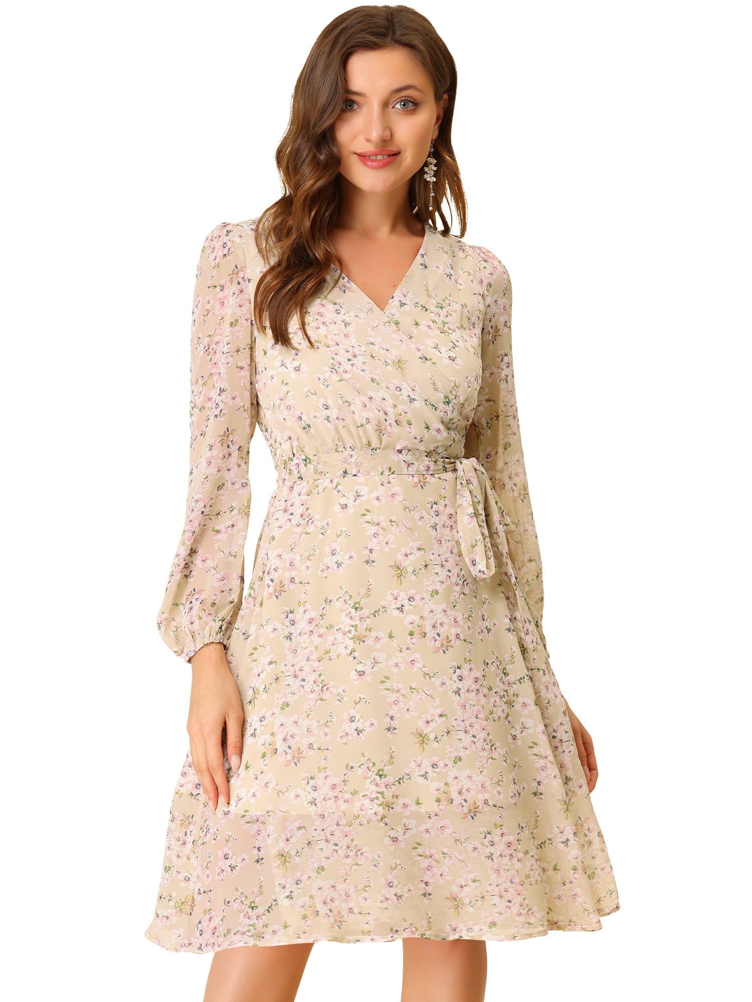 Chiffon Floral V Neck Tie Waist Bishop Sleeve Casual Wrap Midi Dress