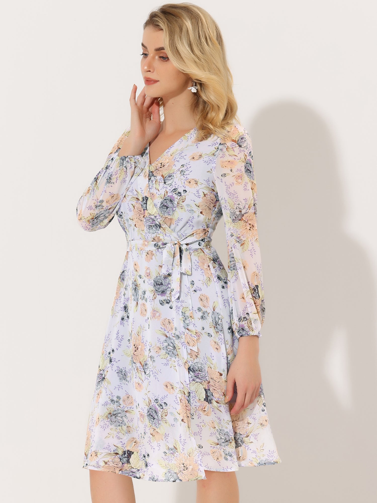Chiffon Floral V Neck Tie Waist Bishop Sleeve Casual Wrap Midi Dress