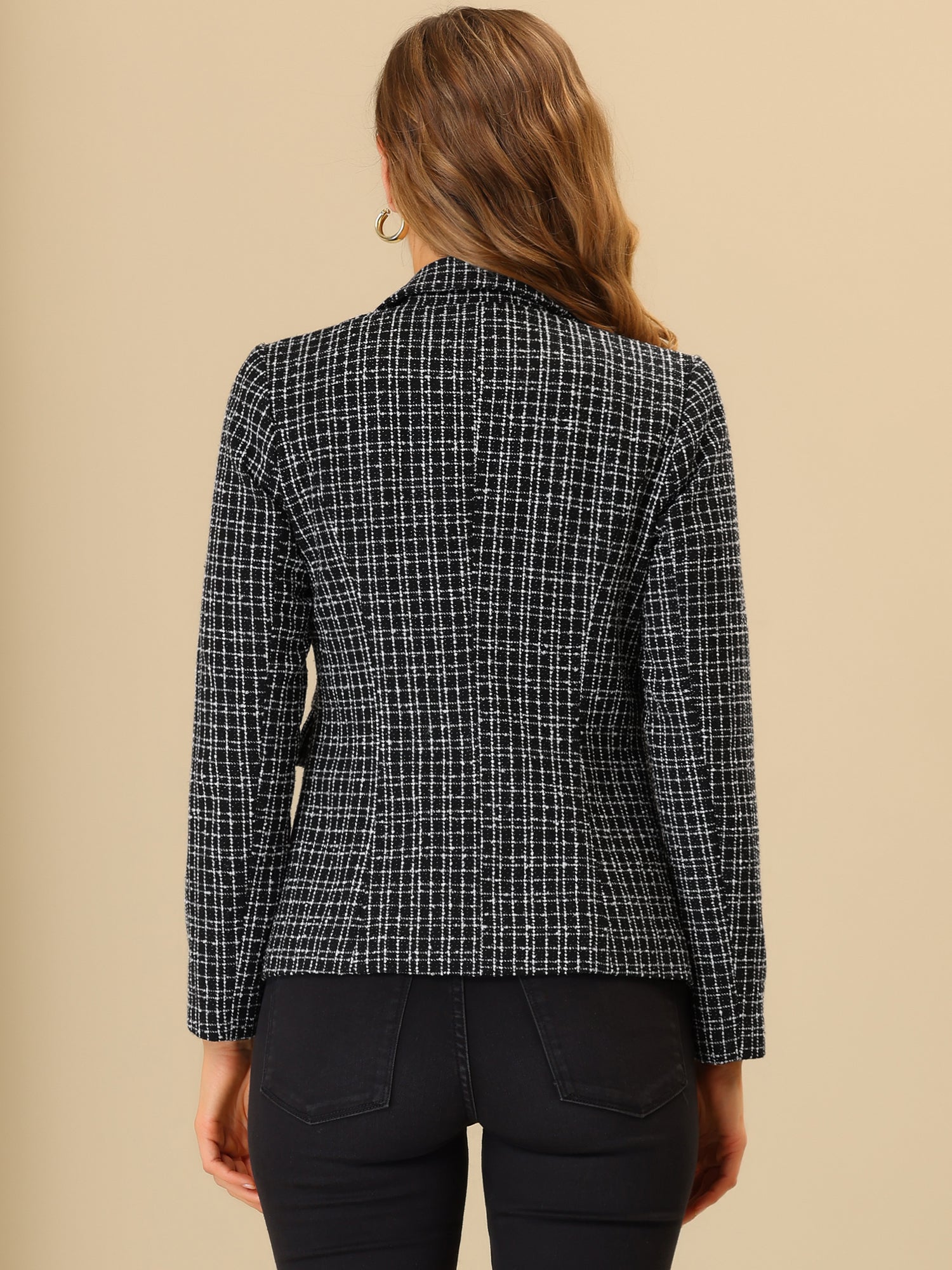 Tweed Plaid Long Sleeves Notched Lapel Open Front Blazer Jacket