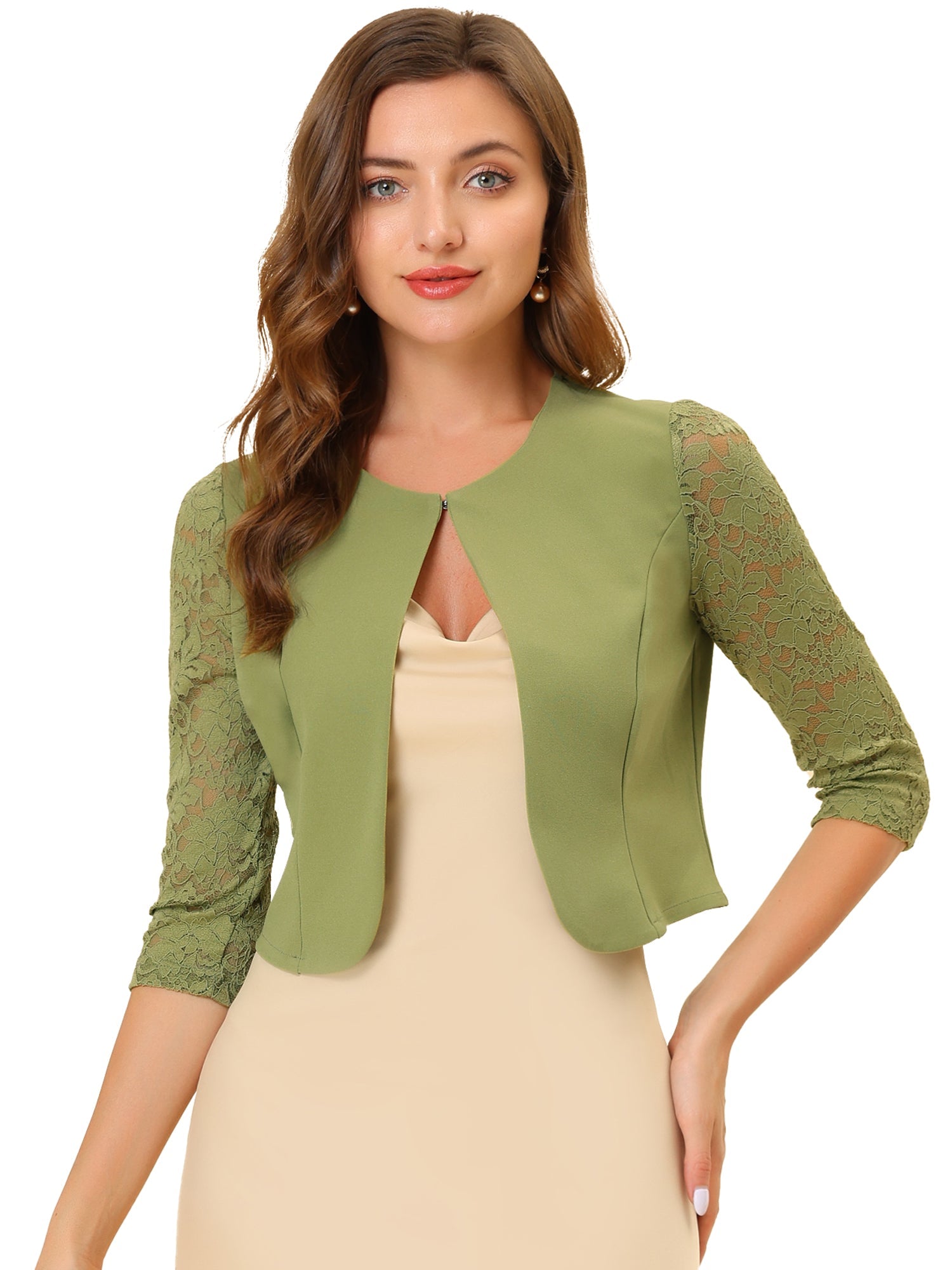 3/4 Sleeve Floral Lace Open Front Office Bolero Shrug