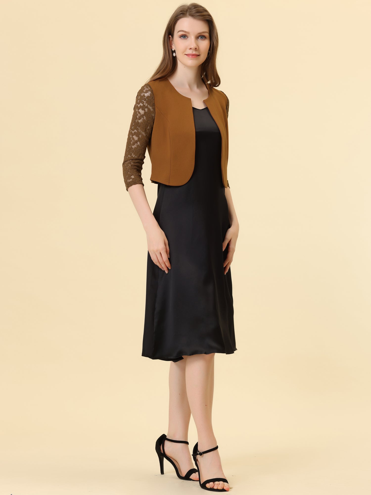 3/4 Sleeve Floral Lace Open Front Office Bolero Shrug