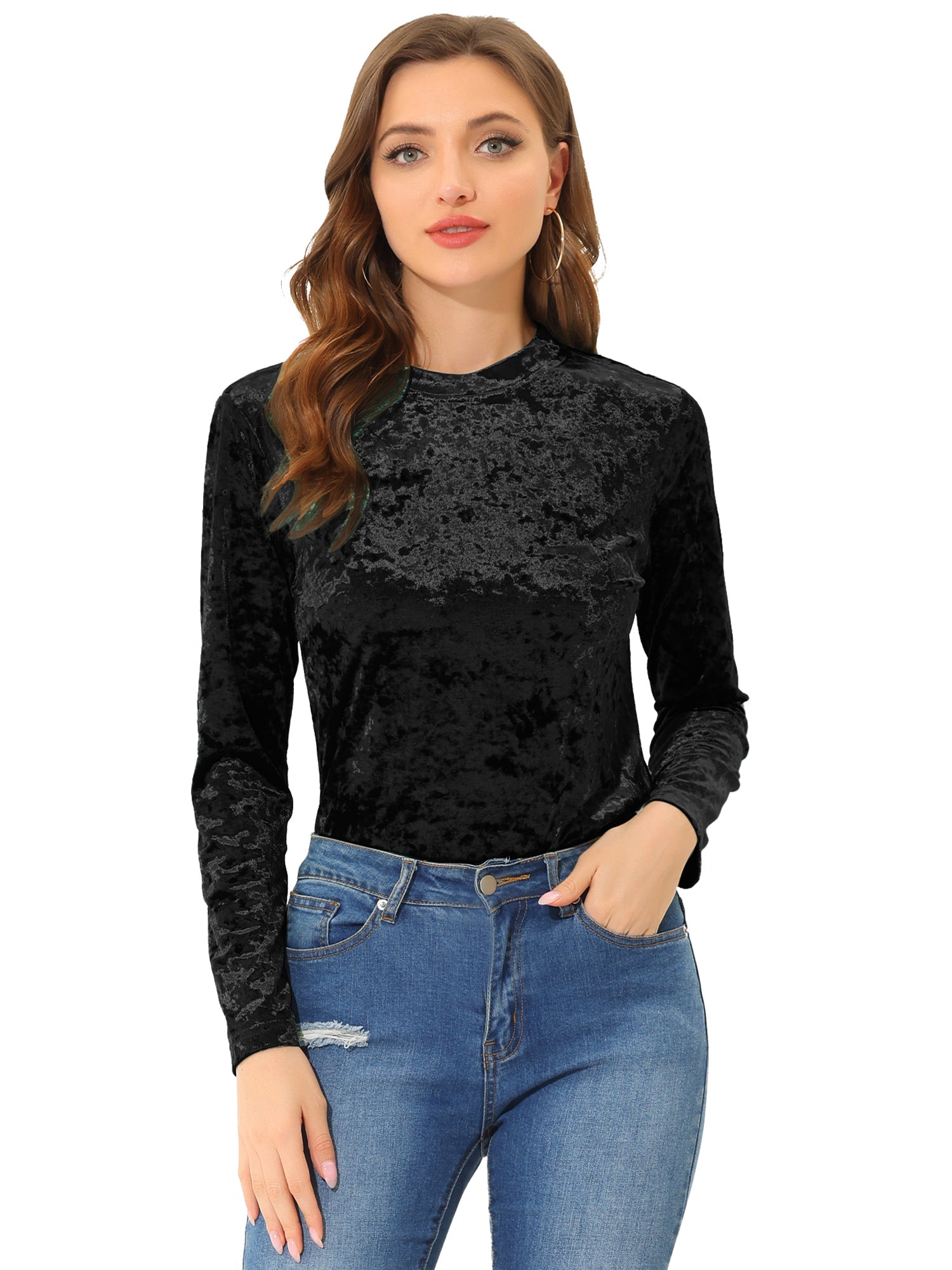 Casual Velvet Top Soft Vintage Crew Neck Long Sleeve T-Shirt