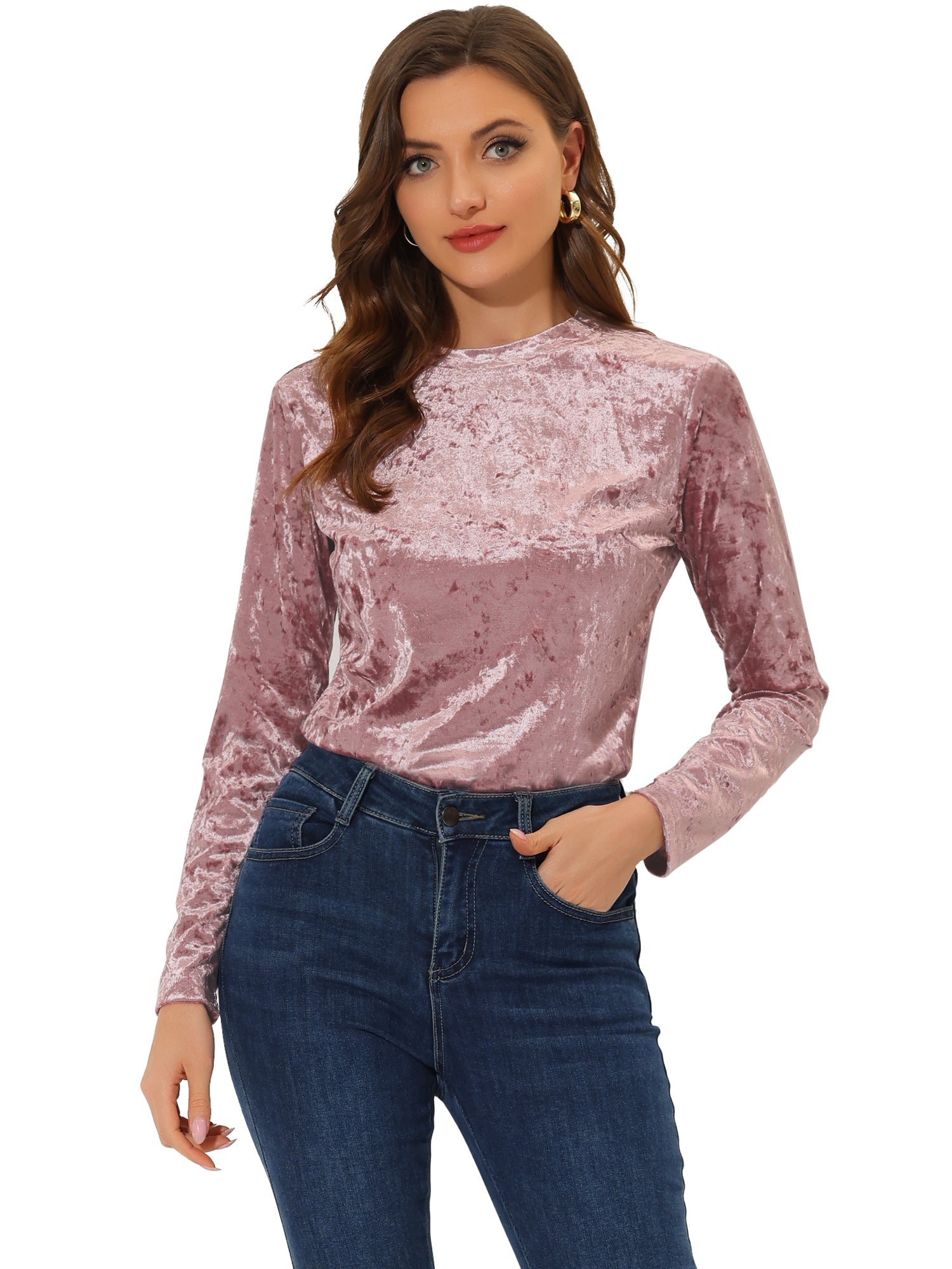 Casual Velvet Top Soft Vintage Crew Neck Long Sleeve T-Shirt
