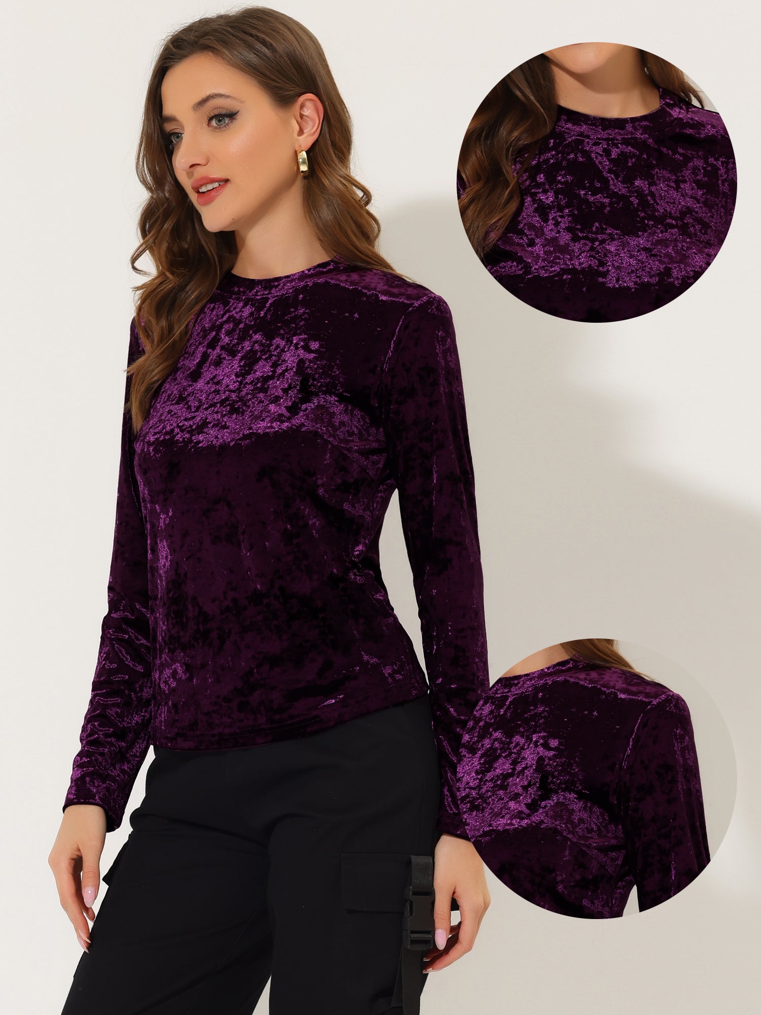 Casual Velvet Top Soft Vintage Crew Neck Long Sleeve T-Shirt