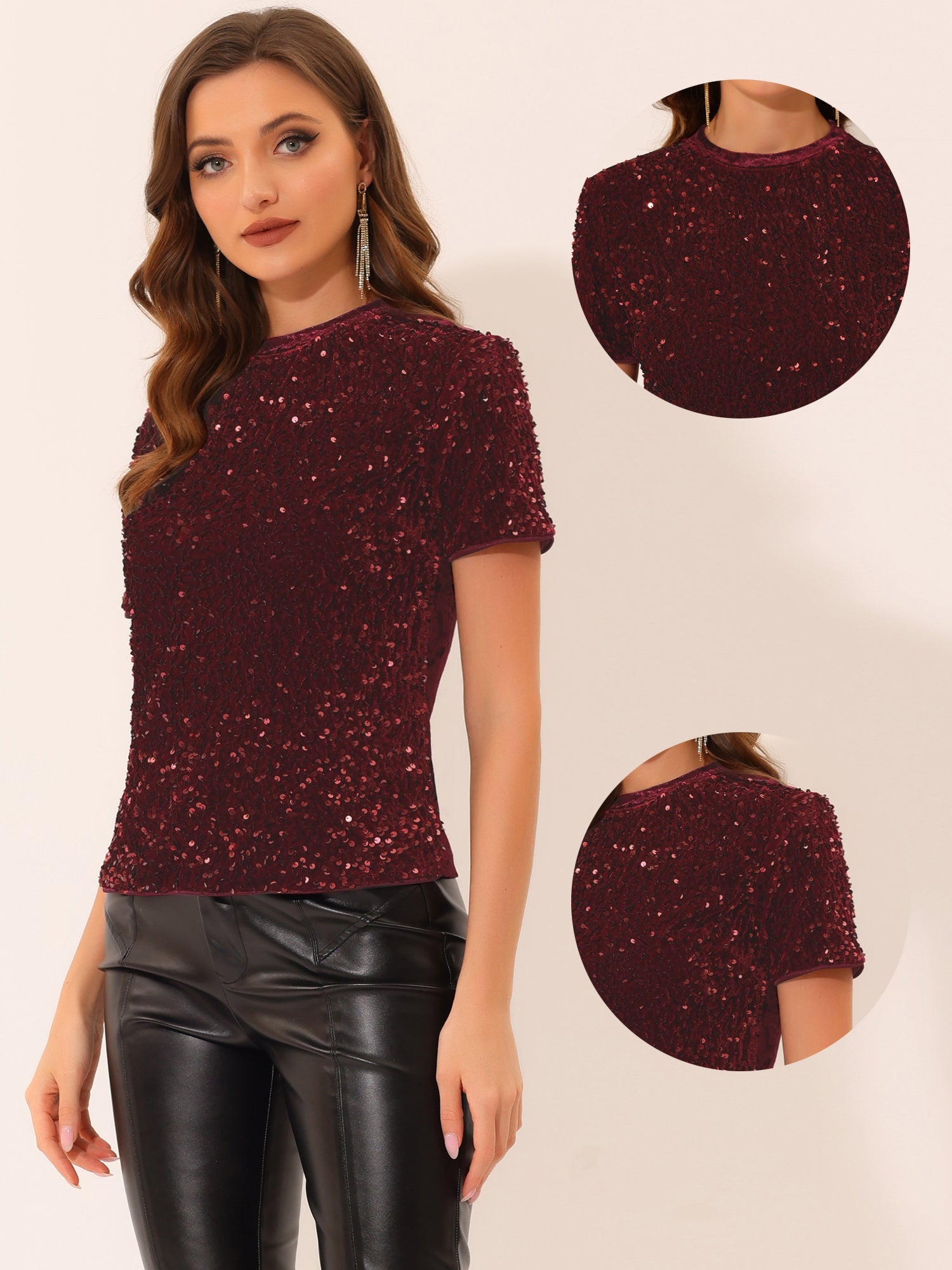 Glitter Sequin Velvet Crew Neck Short Sleeve Party Clubwear Blouse