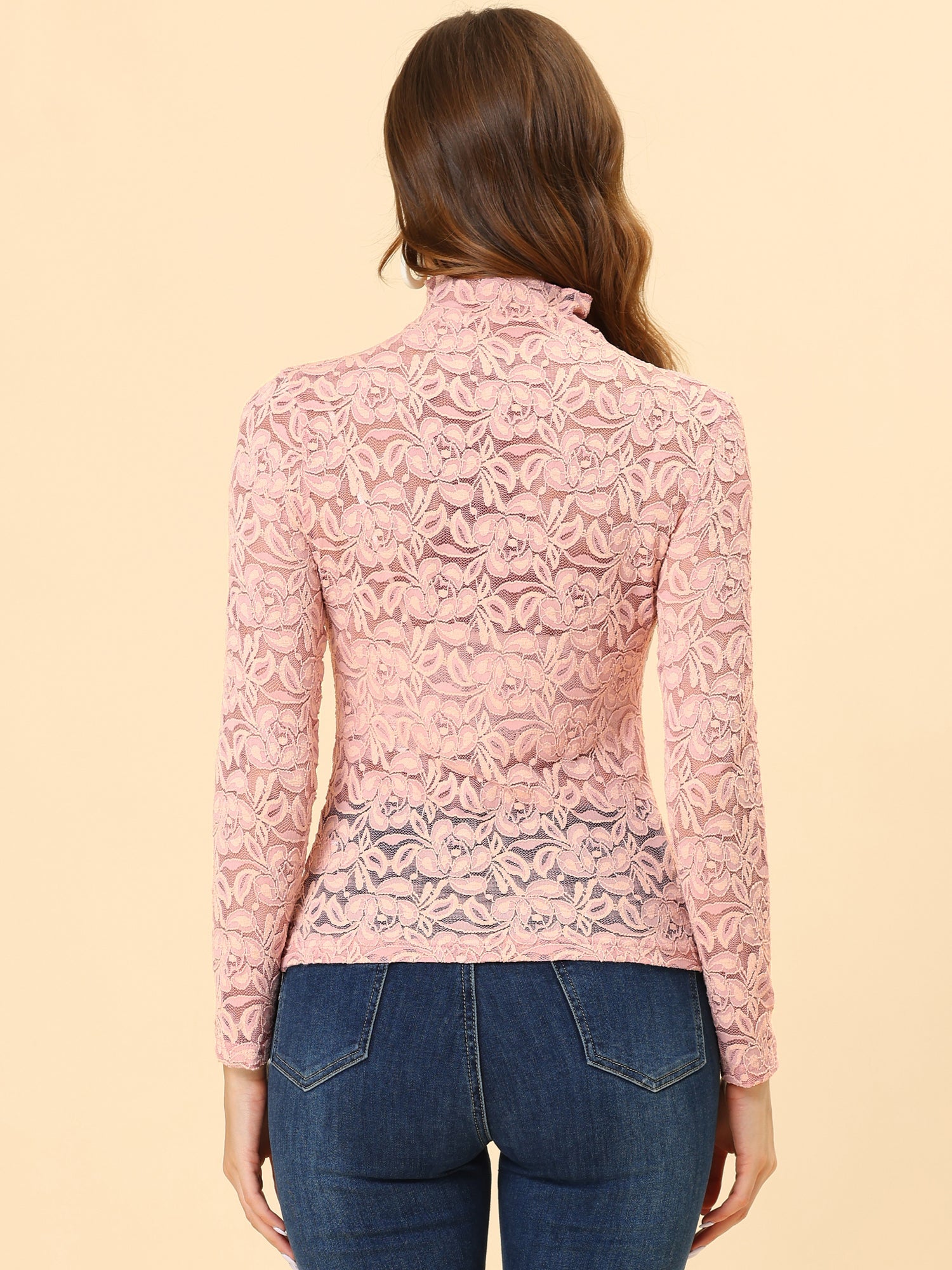 See Through Long Sleeve Turtleneck Sheer Floral Lace Blouse