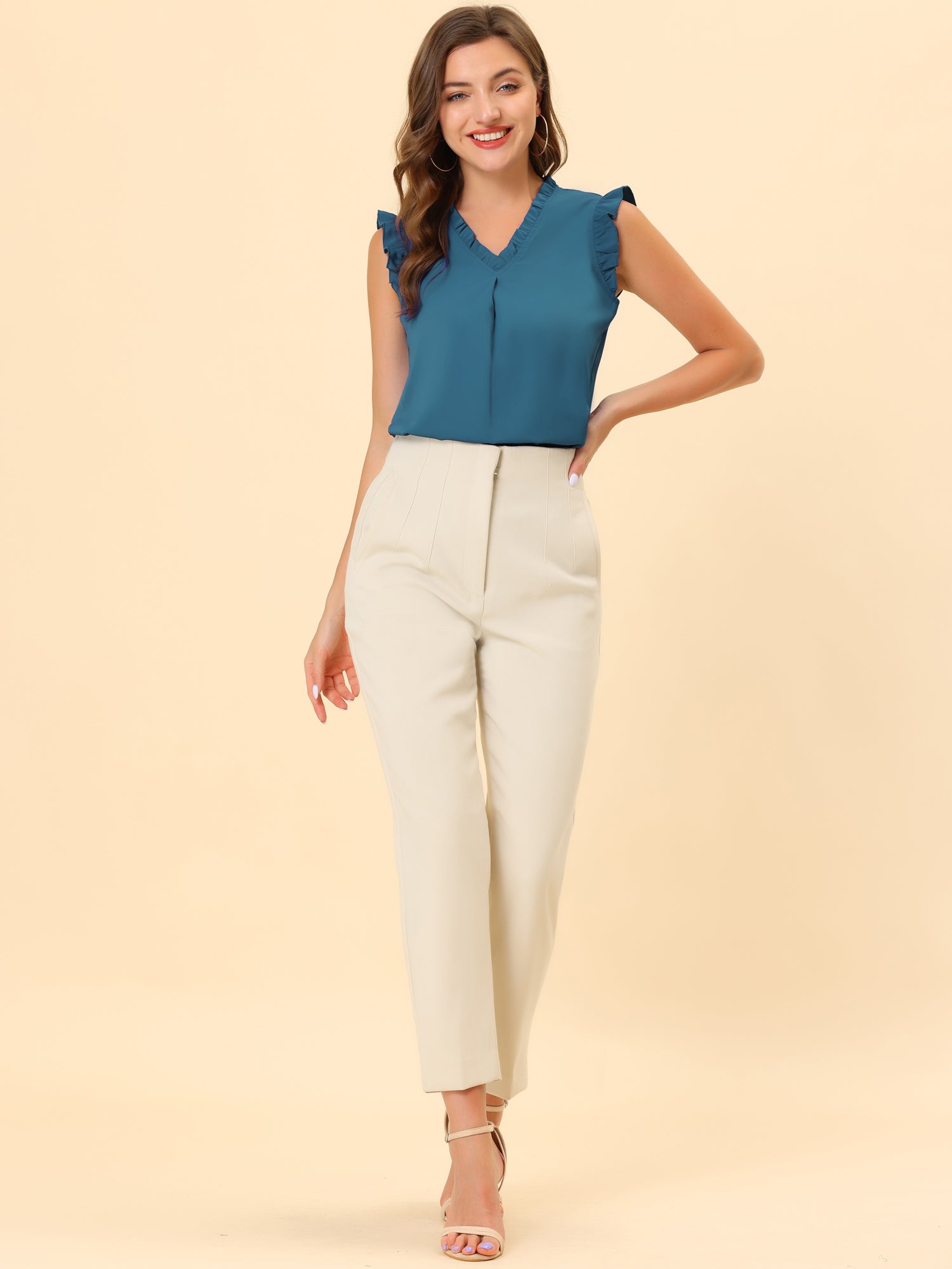 Ruffled Sleeveless Blouse 1950s Vintage Work Business Tops