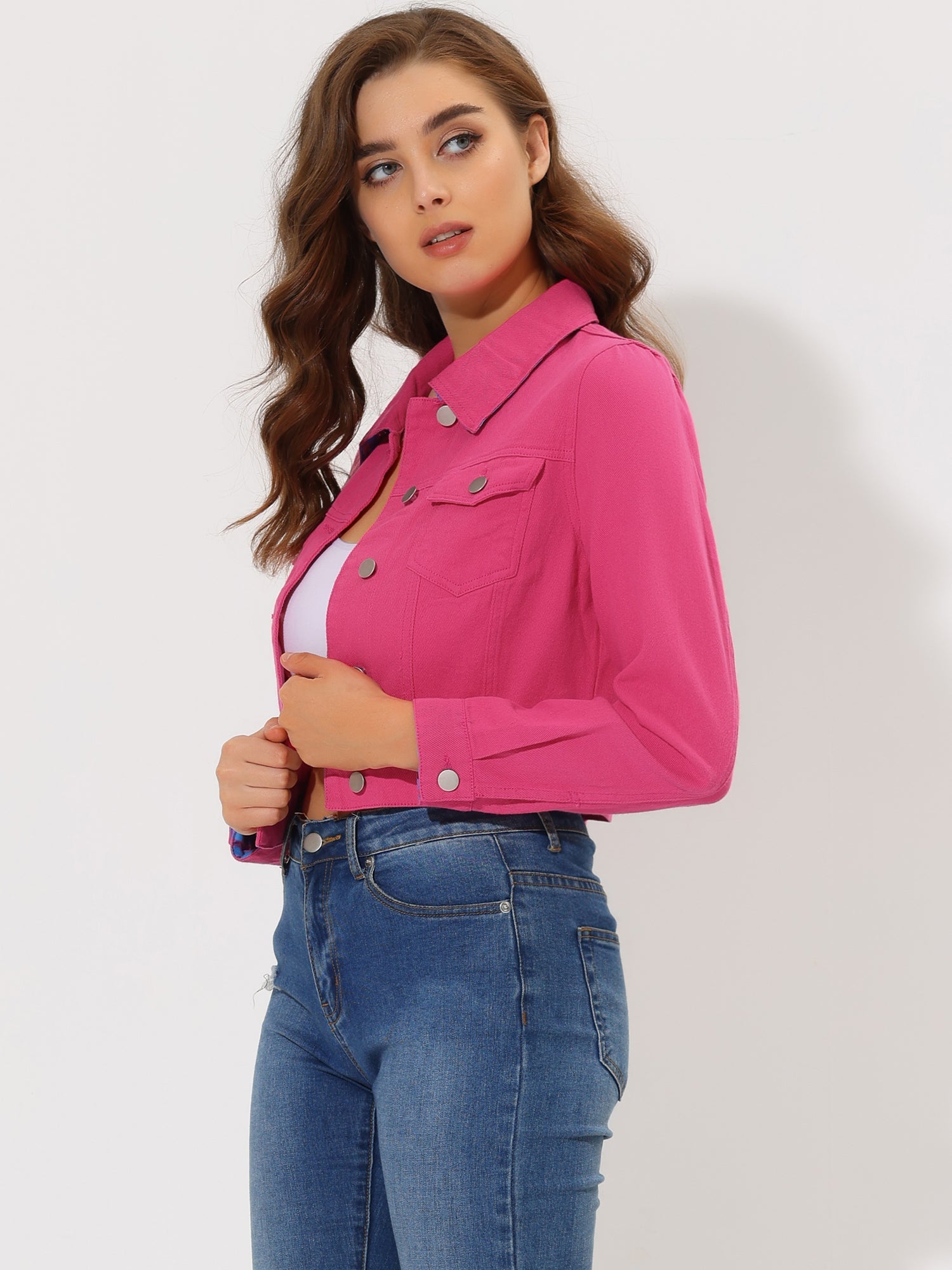 Button Down Long Sleeve Casual Cropped Denim Jacket