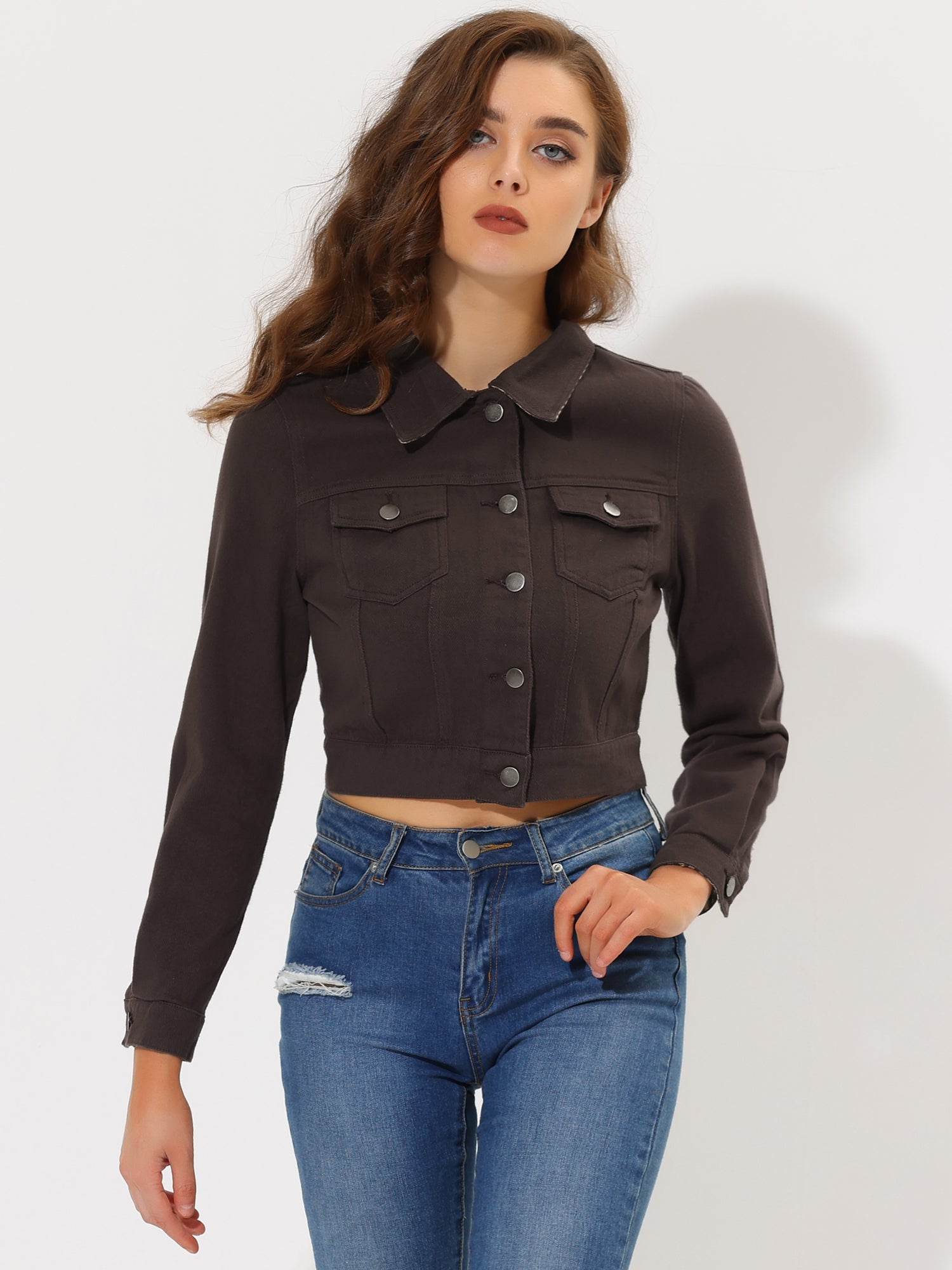 Button Down Long Sleeve Casual Cropped Denim Jacket
