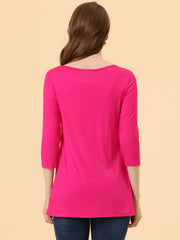 3/4 Sleeve Round Neck Button Decor Casual Stretchy Tunic Tops