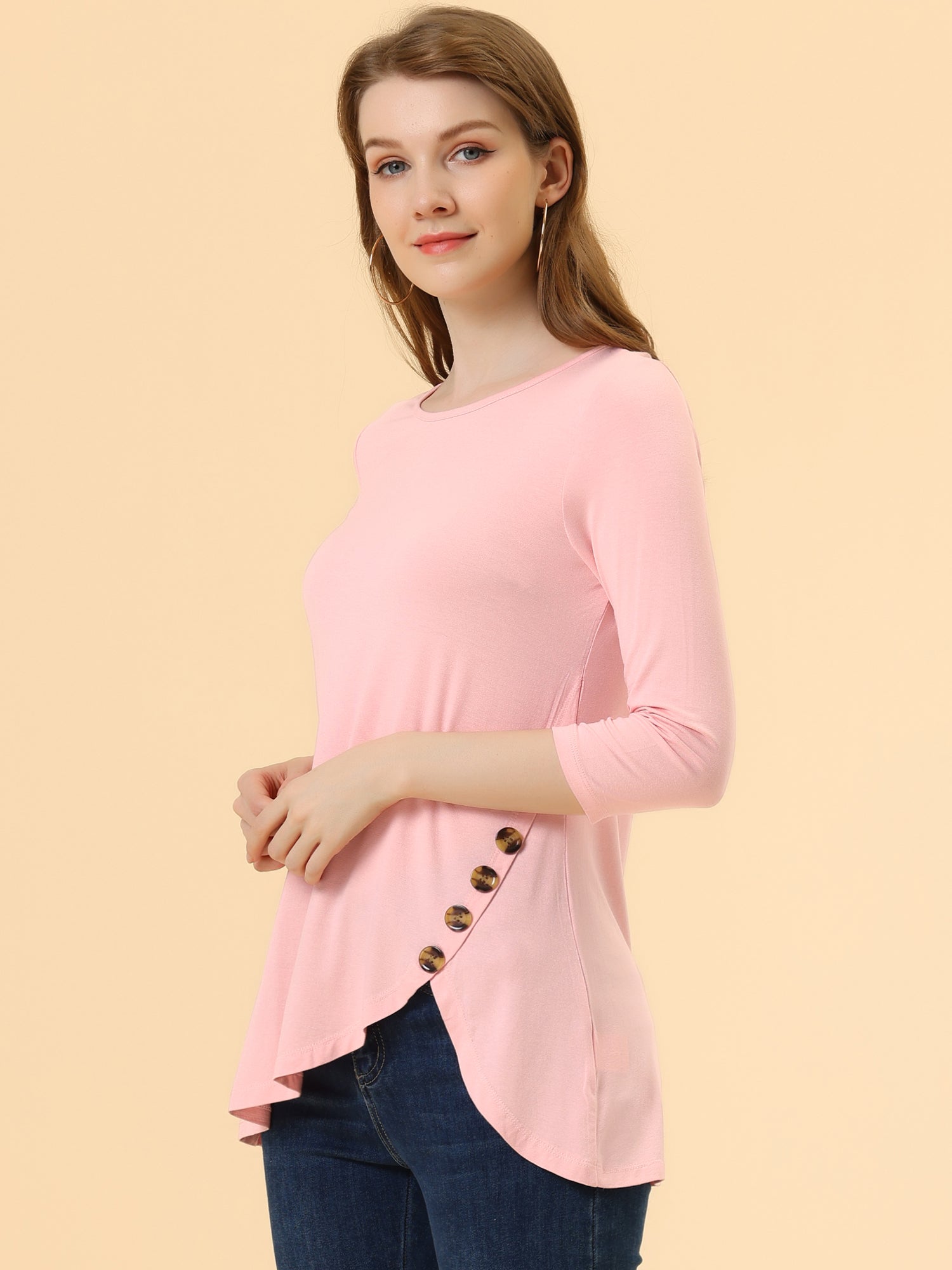 3/4 Sleeve Round Neck Button Decor Casual Stretchy Tunic Tops