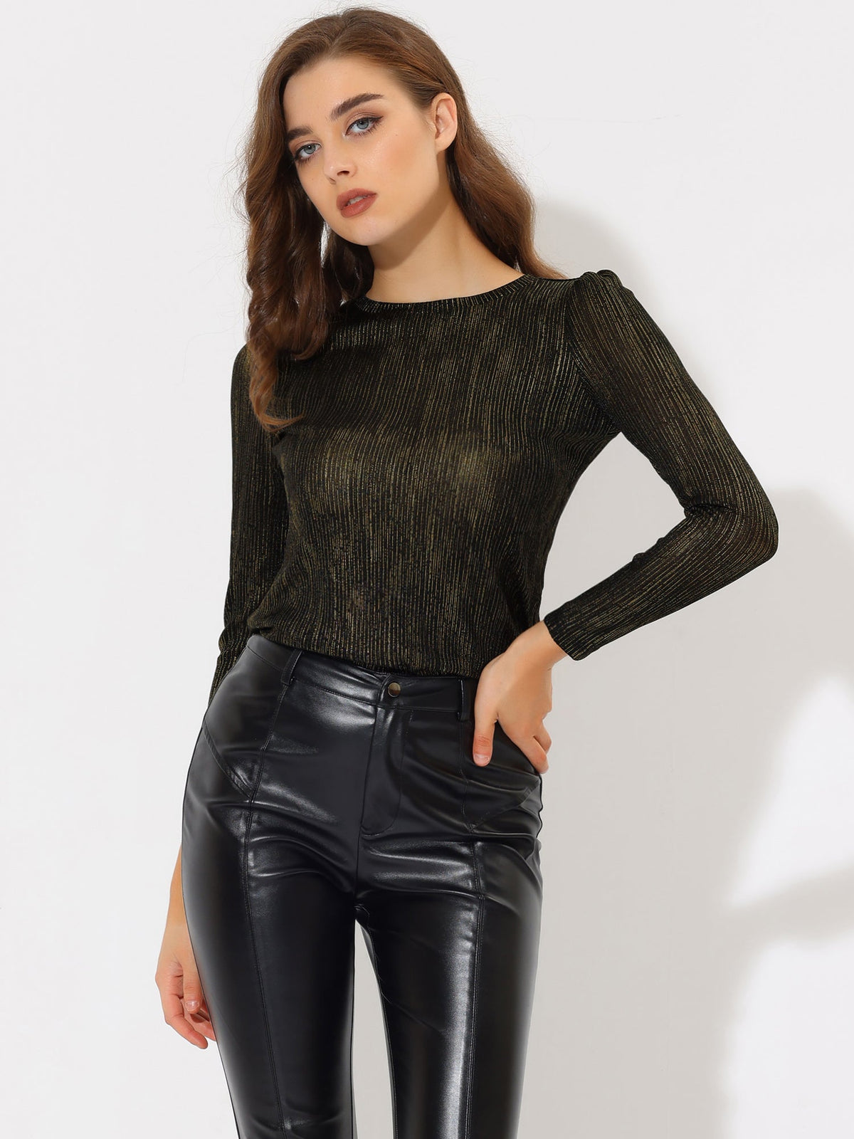 Long Sleeve Sparkly Party Glitter Shiny Metallic Blouse