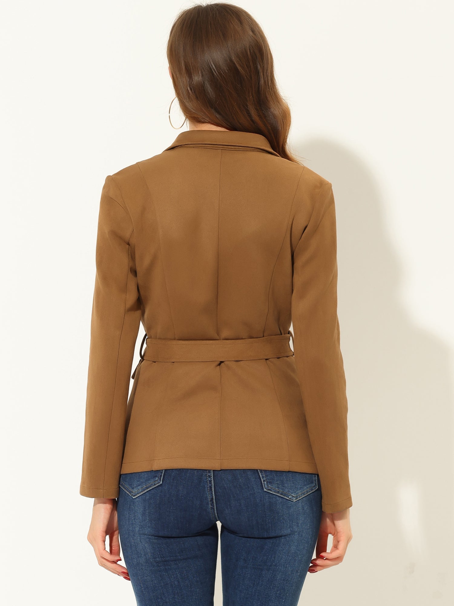 Faux Suede Blazer Belted Lapel Outwear Single Breasted Work Jacket