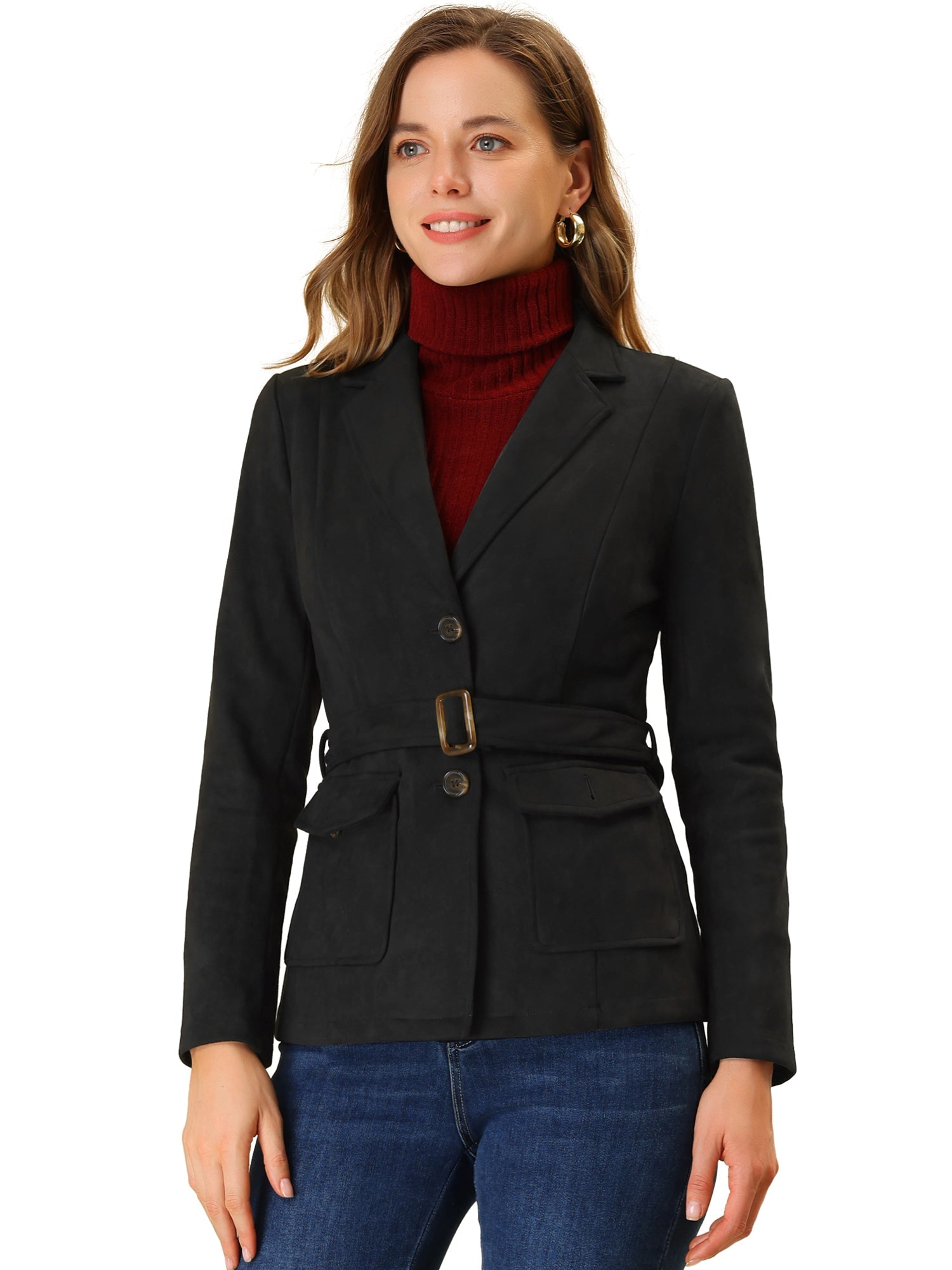 Faux Suede Blazer Belted Lapel Outwear Single Breasted Work Jacket