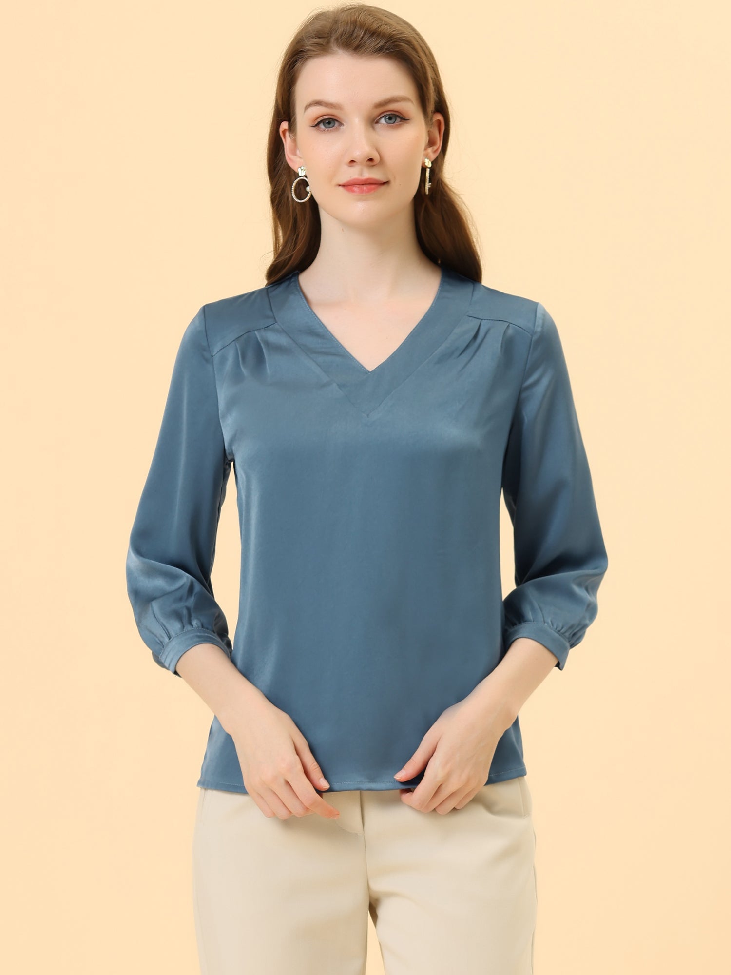 Casual Office Blouse 3/4 Sleeve V Neck Satin Shirt