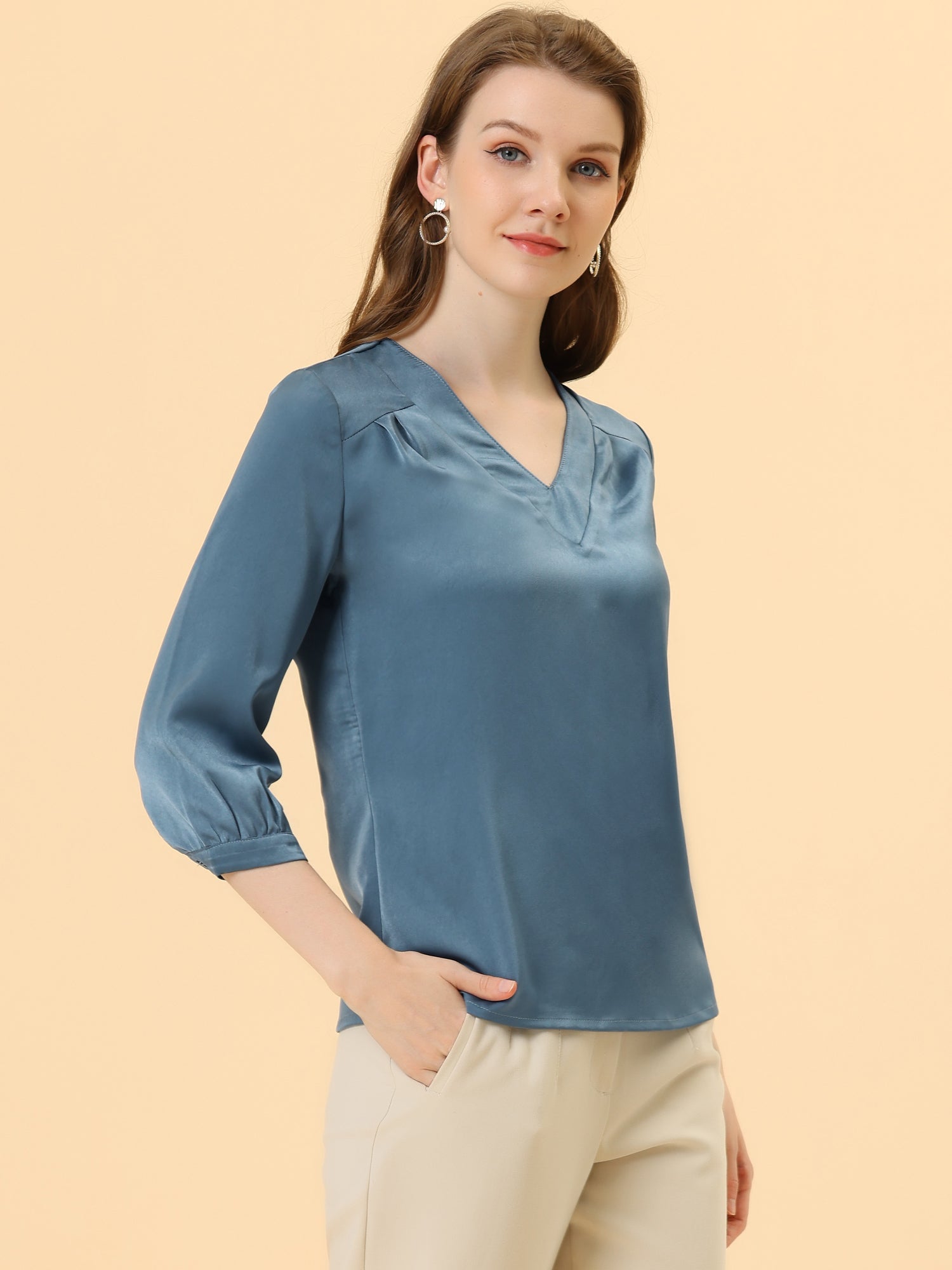Casual Office Blouse 3/4 Sleeve V Neck Satin Shirt
